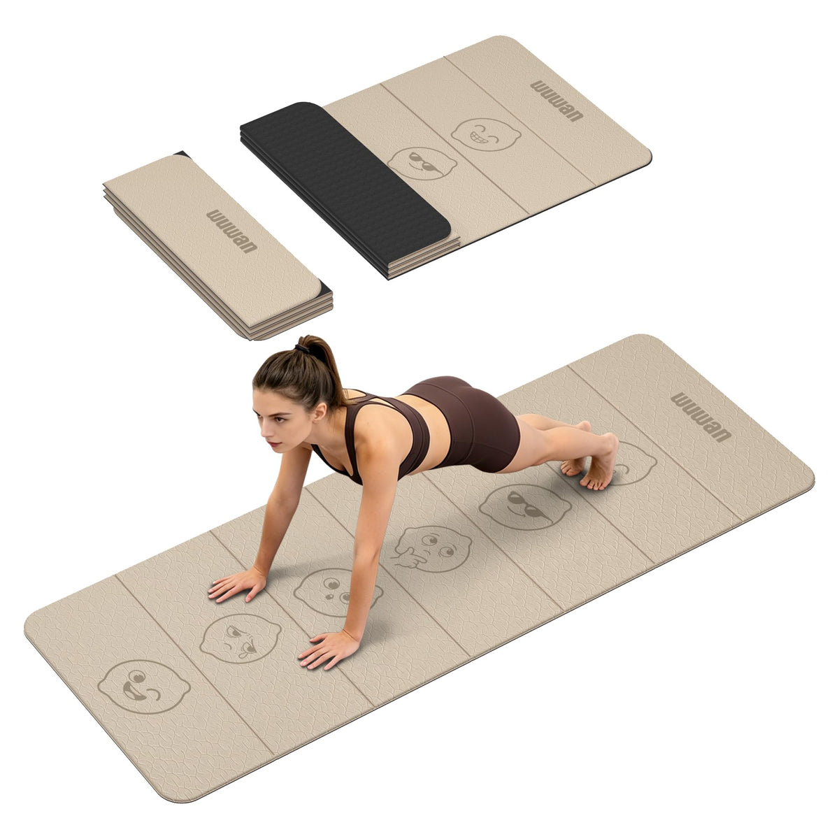 TPE Yoga Mat Foldable 8mm Thick Light Non (Beige&Black)