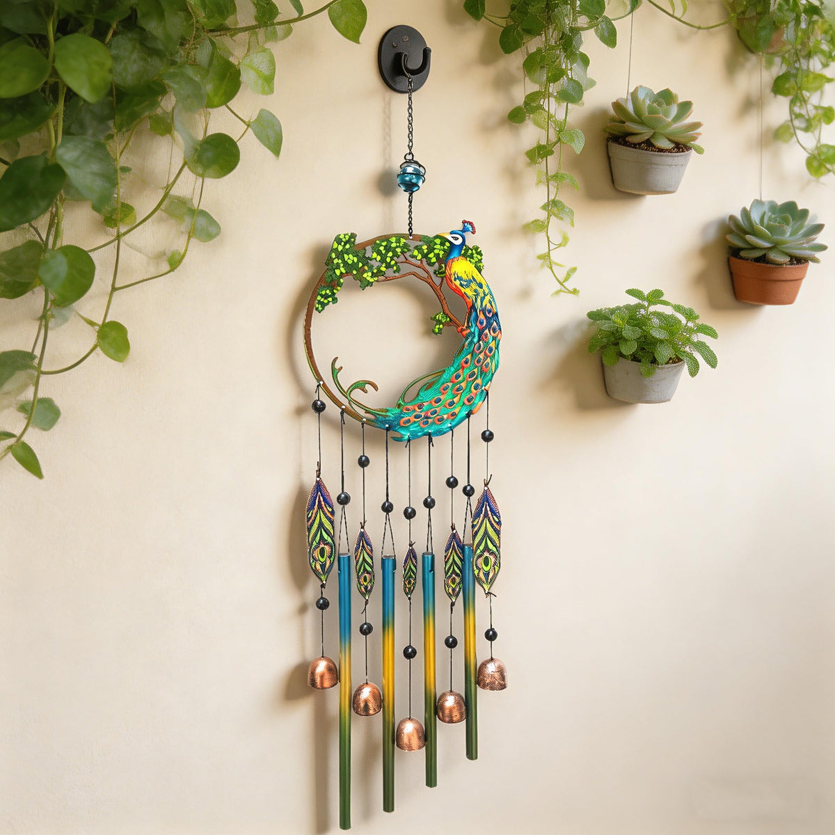 Peacock Dream Catchers Windchimes with Copper Bells 28" Peacock Wind Chimes for Zen Atmosphere Outdoor Garden Decor Unique Peacock Gift Home Decor (PEACOCK)