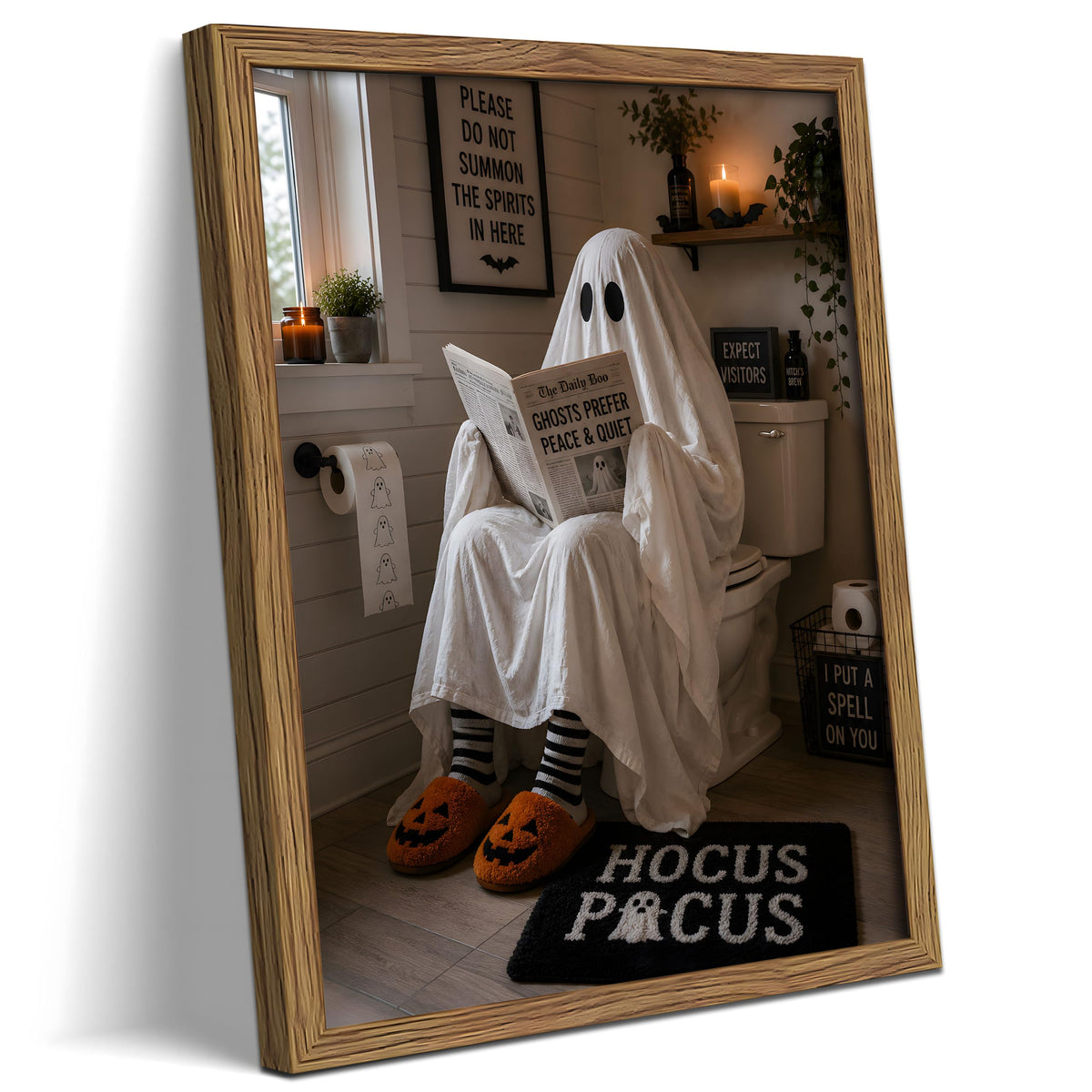 Framed Funny Halloween Bathroom Wall Art (A-White Ghost / 10"L x 8"W)