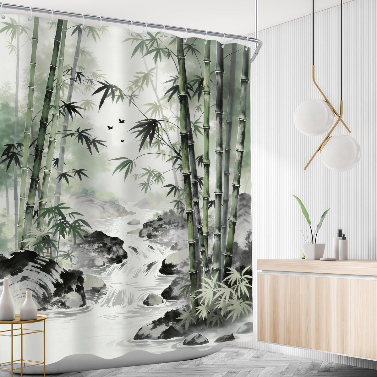 Bamboo Zen Spa Green Shower Curtain Leaves Nature Scenery 60Wx72L Inch (H-green / 60"W x 72"L (Pack of 1))