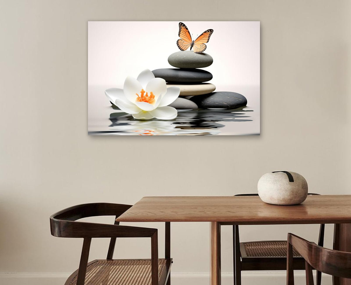 Zen Wall Art Lotus Painting Canvas Print Wall Decor Spa Stones with Butterfly Pictures Relax Meditation Artwork for Home Living Room Bedroom Bathroom Decor Frame (30"L x 20"W / R - Zen)