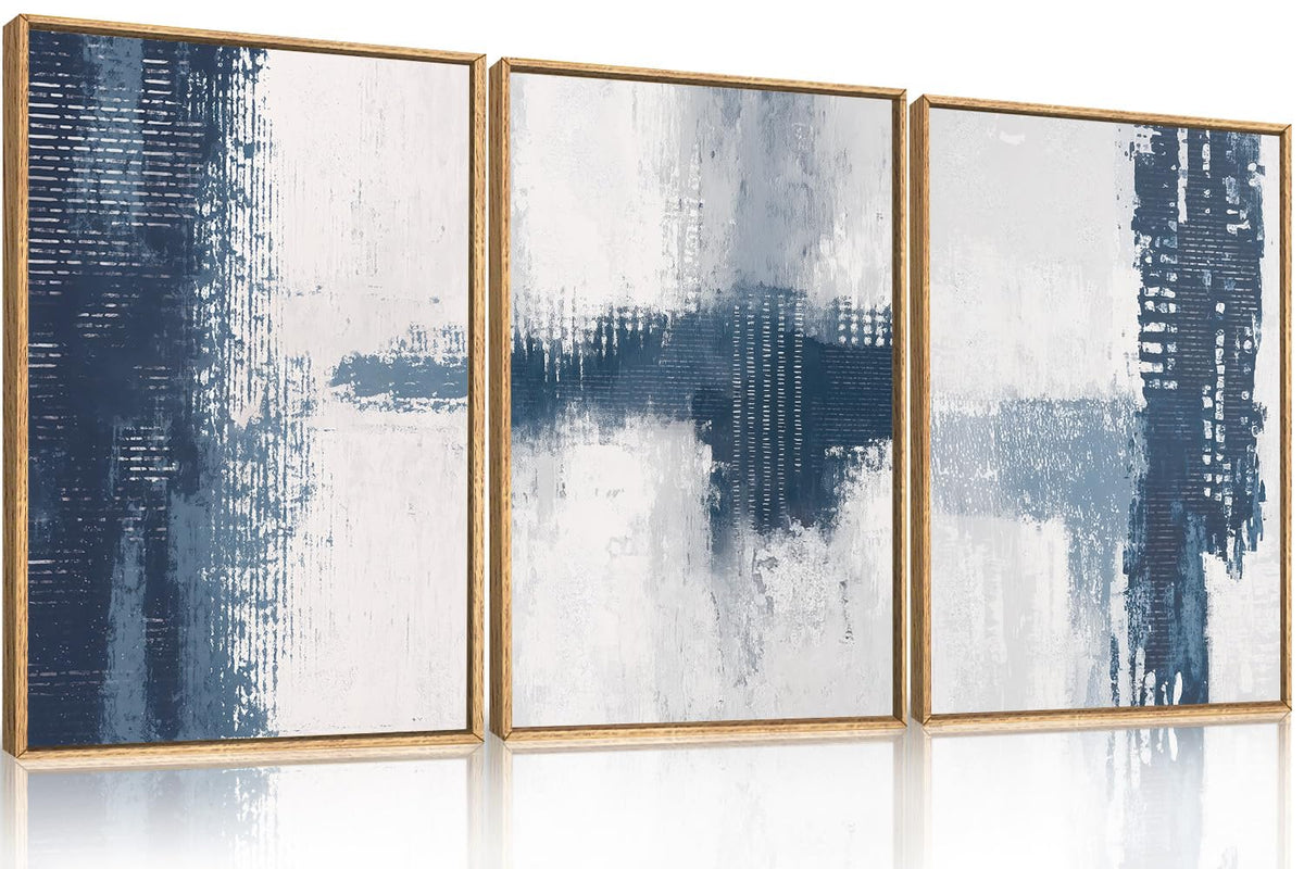 Abstract Navy Blue Grey Framed Canvas Wall Art Set (Blue White Wall Art / 24"L x 36"W)