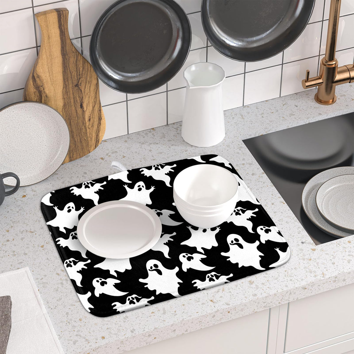 Halloween Bat Ghosts Dish Drying Mat for Kitchen Counter (Halloween Bat Ghosts230807 / 16" x 18")