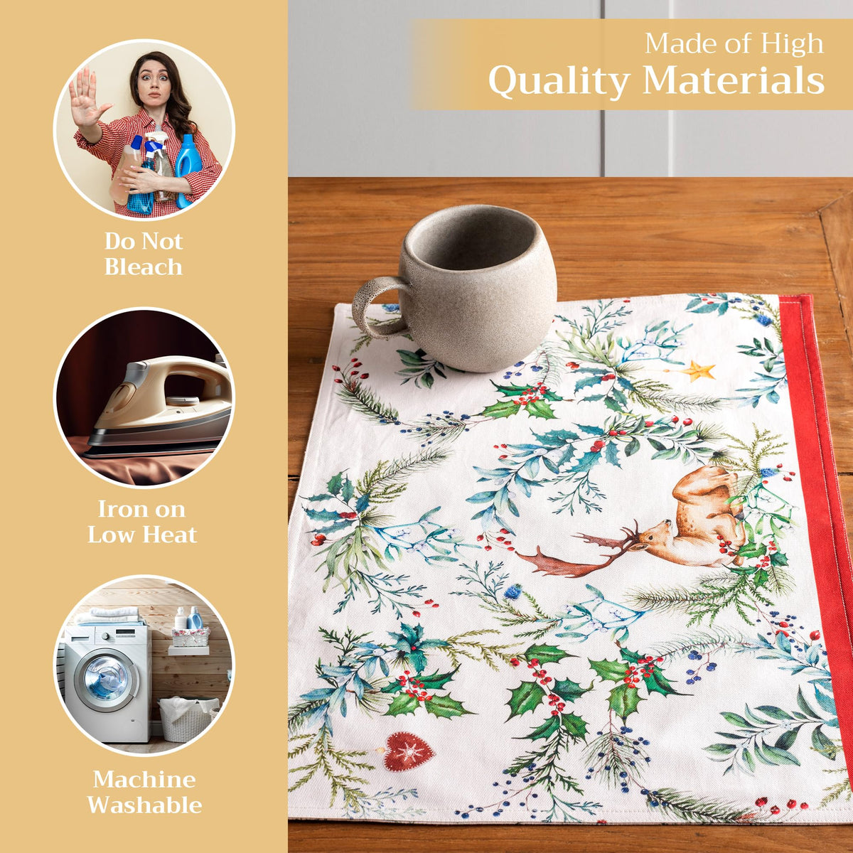 Placemats Set of 4 Reusable 100% Cotton (004 - Holly Time / 13" X 19" (Pack of 4))