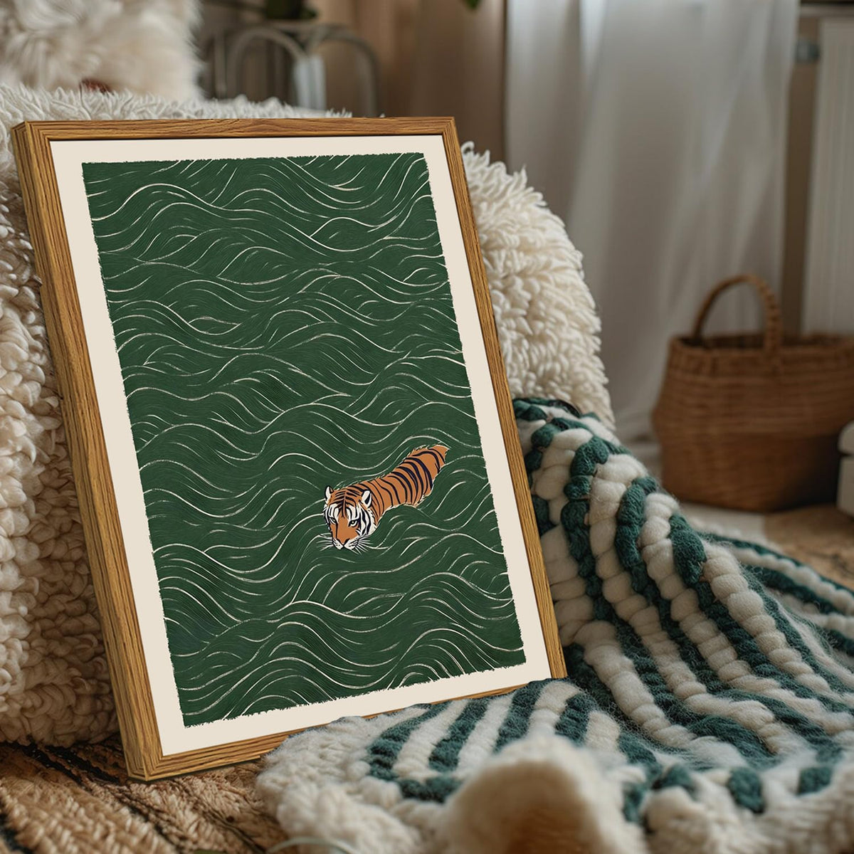 Framed Japanese Tiger Wall Art (Swimming Tiger / 24"L x 16"W)