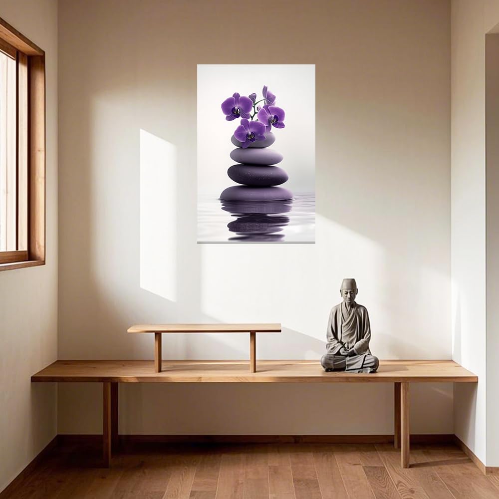 Zen Wall Art Stones Picture Orchid Canvas Painting Purple Zen Water Prints Spa Bathroom Decor Meditation Yoga Room Office Home Framed (Purple / 12" x 18")