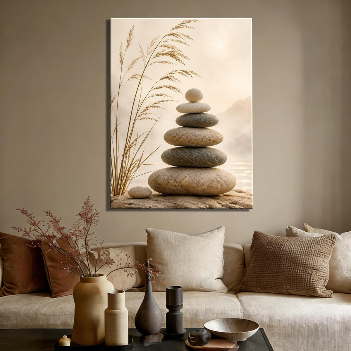 Framed Sunset Riverside Zen Stone Canvas Art (Pictures31 / 36"L x 24"W)