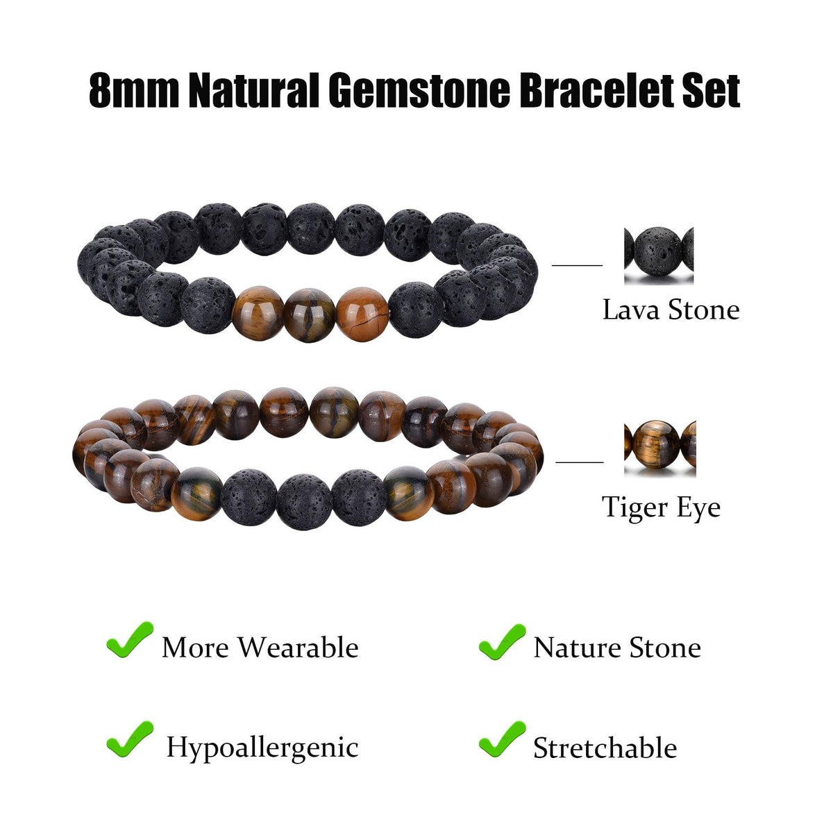 Mens Bracelets 8MM Natural Stone Beads Bracelet Set Stretch Adjustable Beaded Bracelets for Men (2,tiger eye)