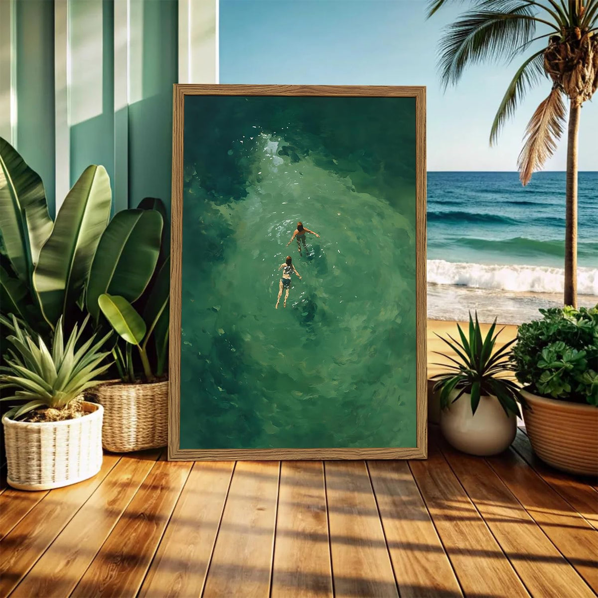 Framed Abstract Ocean Wall Art (Green Swimming / 16"L x 12"W)