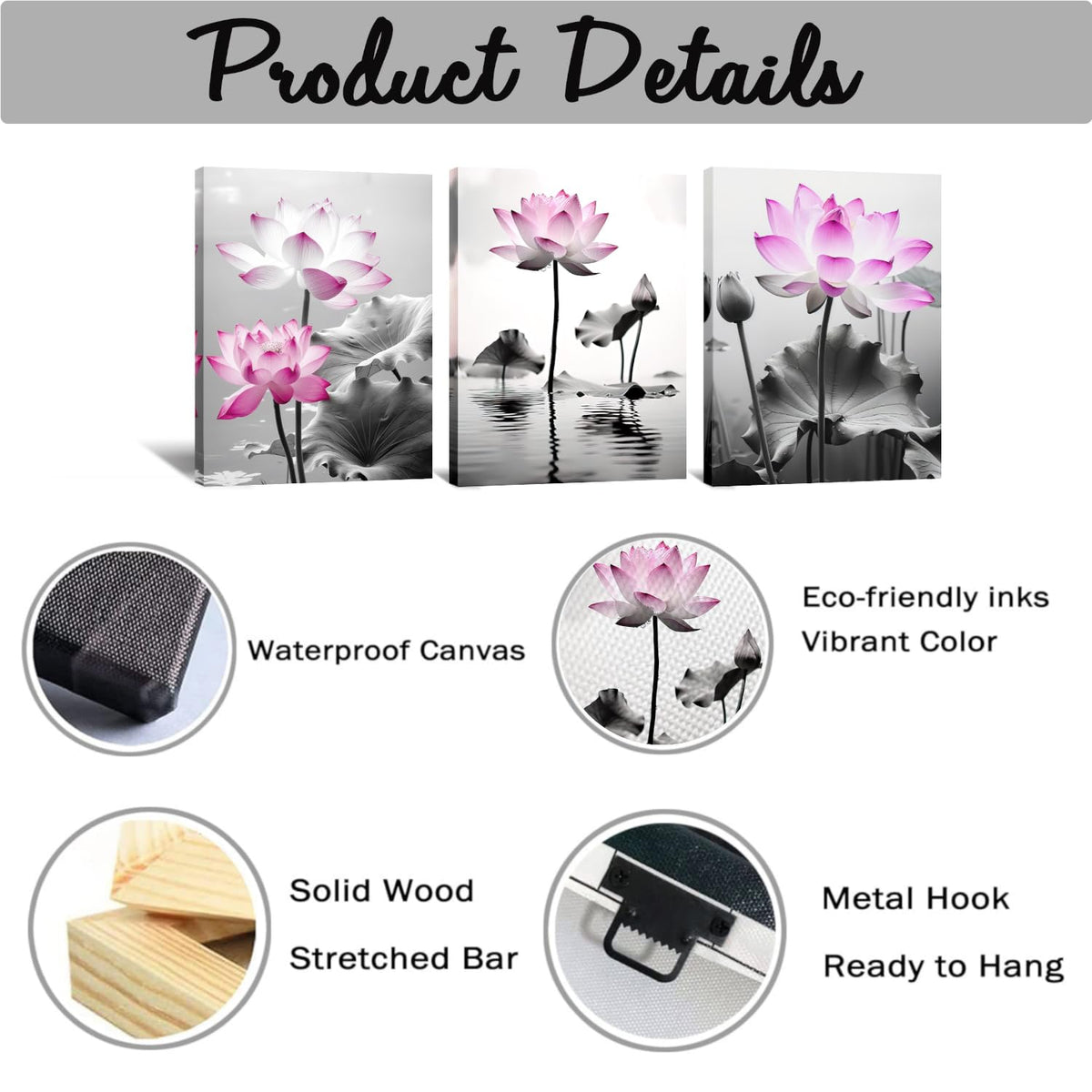 Lotus Canvas Wall Art 3 Pieces Pink Flowers in River Pictures Prints Wall Decor Black and White Painting Artwork for Bathroom Living Room Bedroom Office Home Decor (Lotus-6 / 12.00"x16.00"x3P)