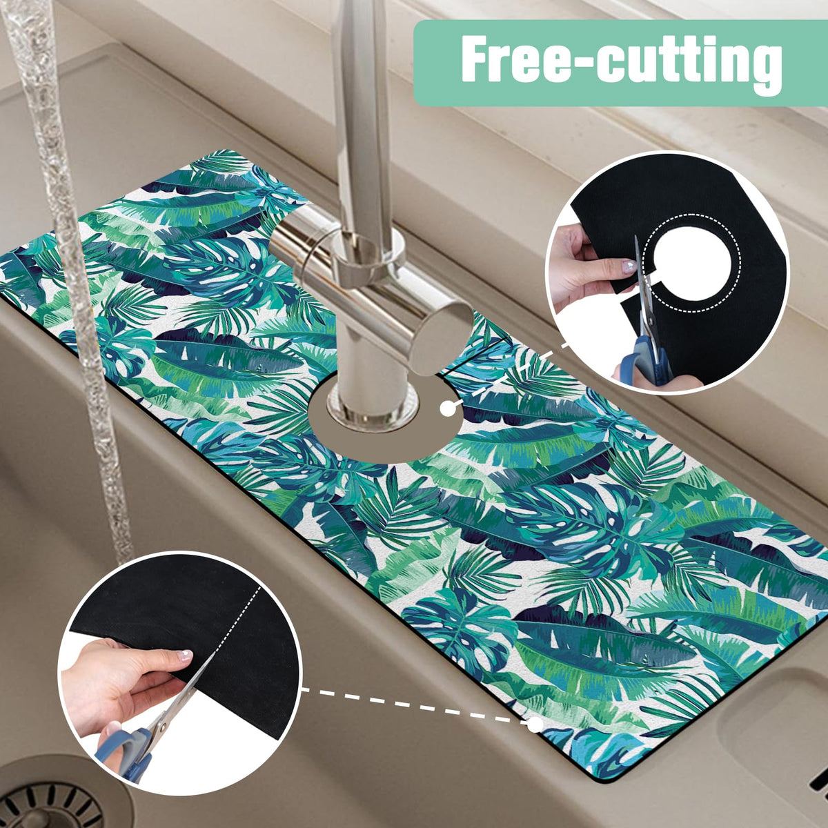 Kitchen Sink Splash Guard Faucet Mat 24" X 5.5" Tropical Leavesl Absorbent Fast Drying Mat Faucet Draining Mat Sink Splash Guard Behind Faucet Drip Catcher for Kitchen Bathroom (24*5.5in / Leaf)