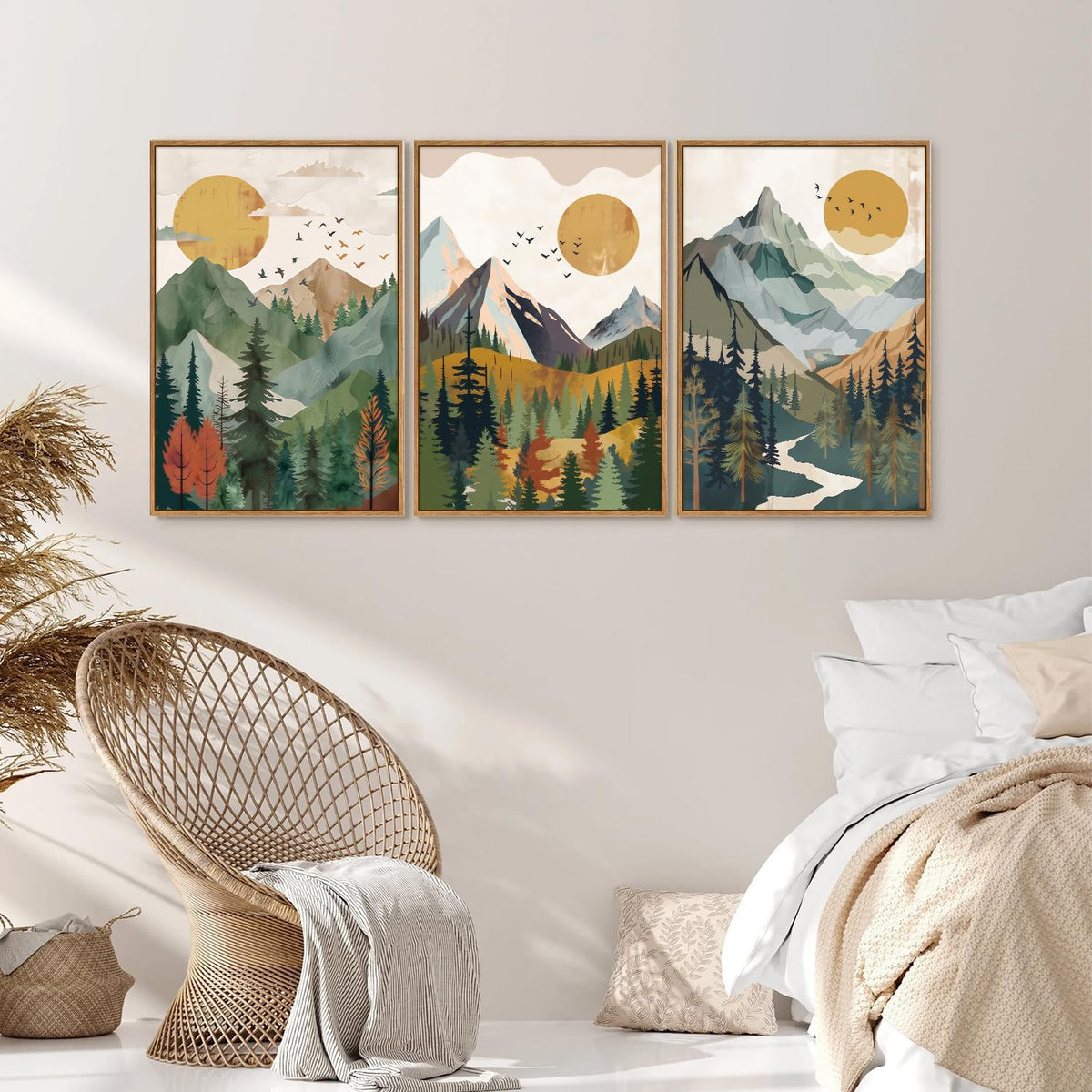 Boho Mountain Framed Canvas Wall Art (Watercolor Sun Forest / 36"L x 24"W)