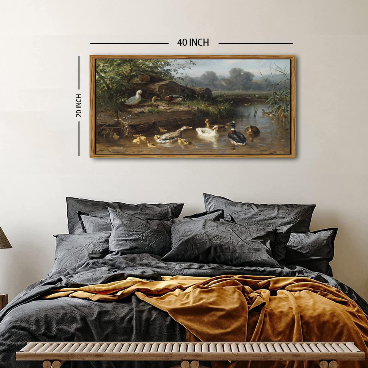 Vintage Farmhouse Wall Art Country Pond Landscape Mallard Duck Framed Wall Decor for Living Room Bedroom Rustic Animal Canvas Picture Cottagecore Nature Wildlife Poster Artwork Home Decorations 20x40 (20"L x 40"W / Duck)