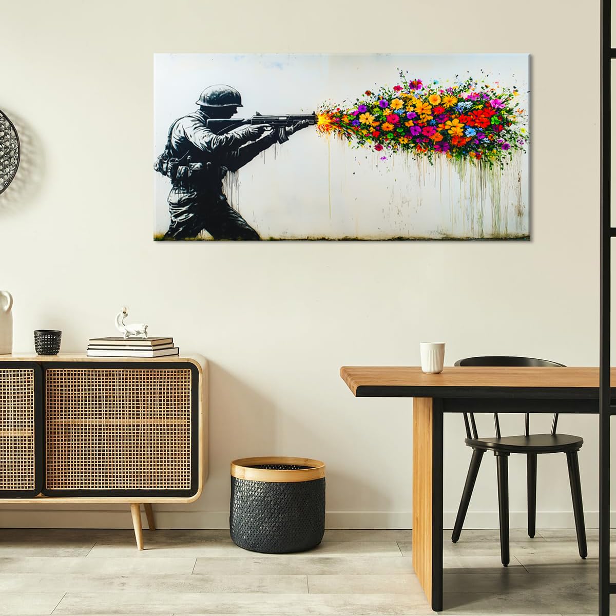 Black Soldier with Colorful Flower Wall Art for Living Room Office Peaceful Urban Contemporary Painting Prints Banksy Style Canvas Artwork Dining Bedroom Decor Extra Large (Contemporary / Colorful Soldier Flower Wall Art / 58"L x 28"W)