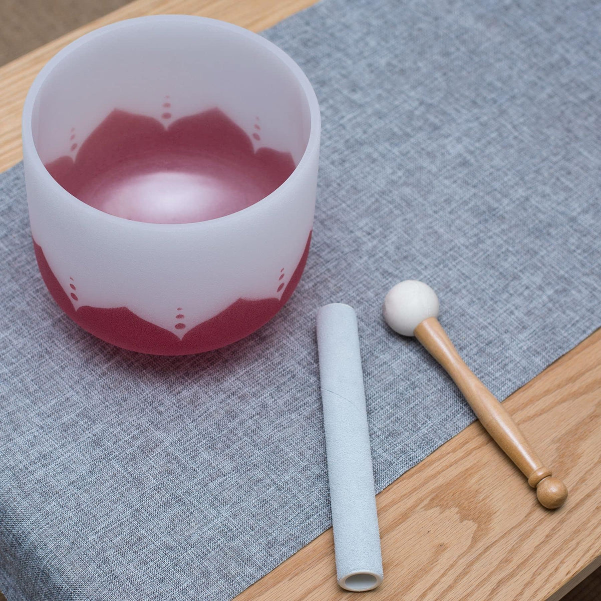 8" White Lotus Design C Note 432 hz Root Chakra Quartz Crystal Singing Bowl with Heavy Duty Carrying Case Suede Striker (C Note, 8" Red Lotus)
