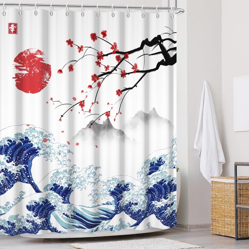 Traditional Japanese Painting Shower Curtain Kanagawa Great Wave Shower Curtain Red Sun Cherry Blossom Japanese Mountain Scenery Bathroom Curtains Waterproof Polyester Fabric with Hooks 72x84 Inch (72"W x 84"L (Pack of 1) / Blue-28)