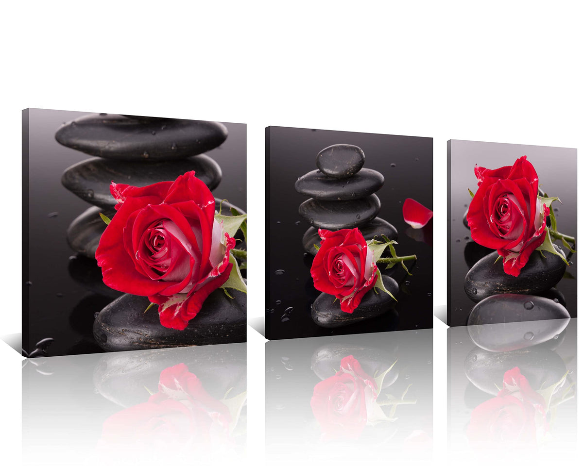 Red Canvas Wall Art Bedroom Wall Decor Black and White Zen Stones Spa Wall Art Rose Pictures for Living Room Kitchen Home Decorations Red Bathroom Accessories Flower Paintings Room Artwork (20 x 20 inches (3-Piece Set) / Rose & Zen Stone)