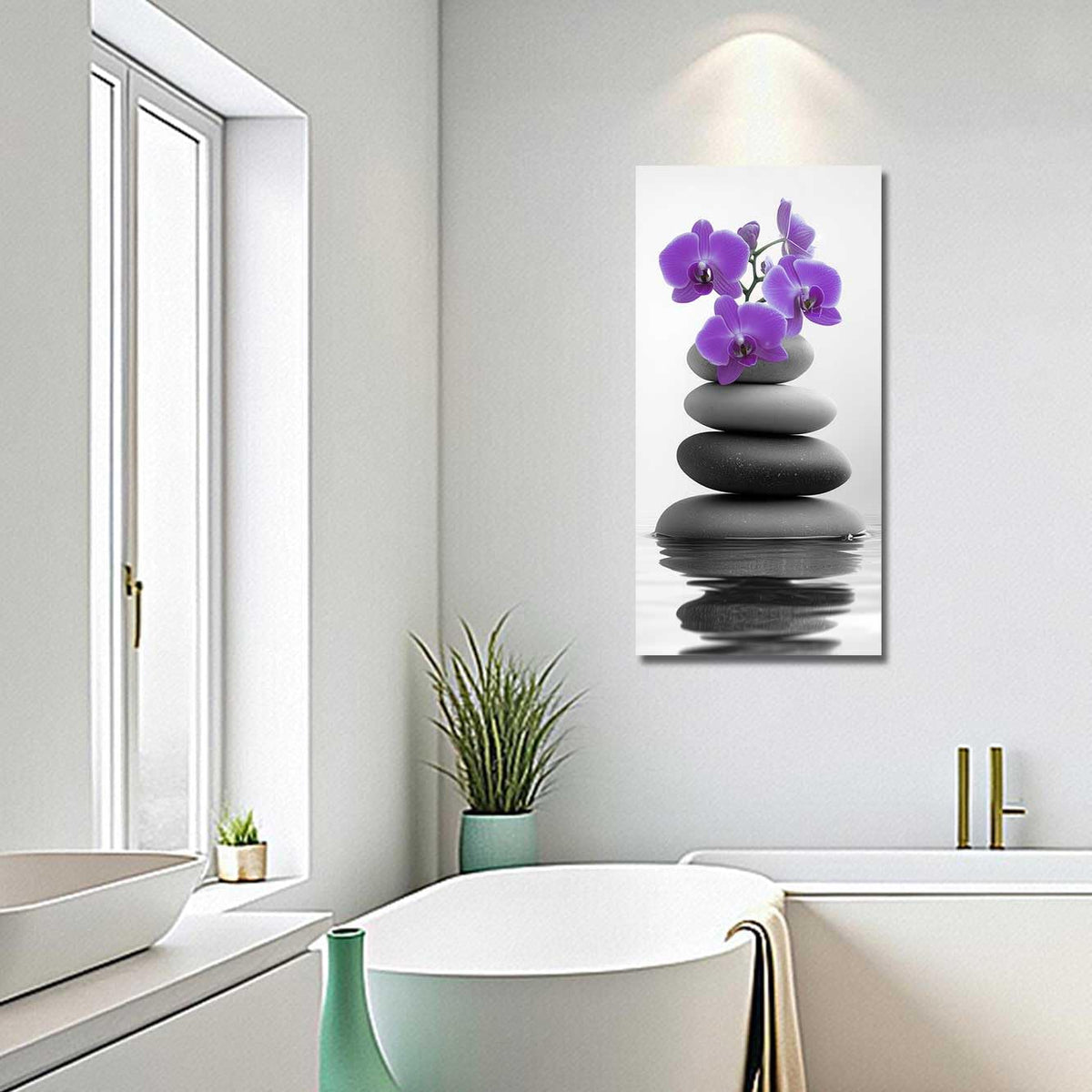 Black and White Bathroom Pictures Zen Wall Art Stone Orchid on Water Poster Prints Floral Relax Grey Canvas Paintings Office Decor Framed (Purple / 32L" x 16W")