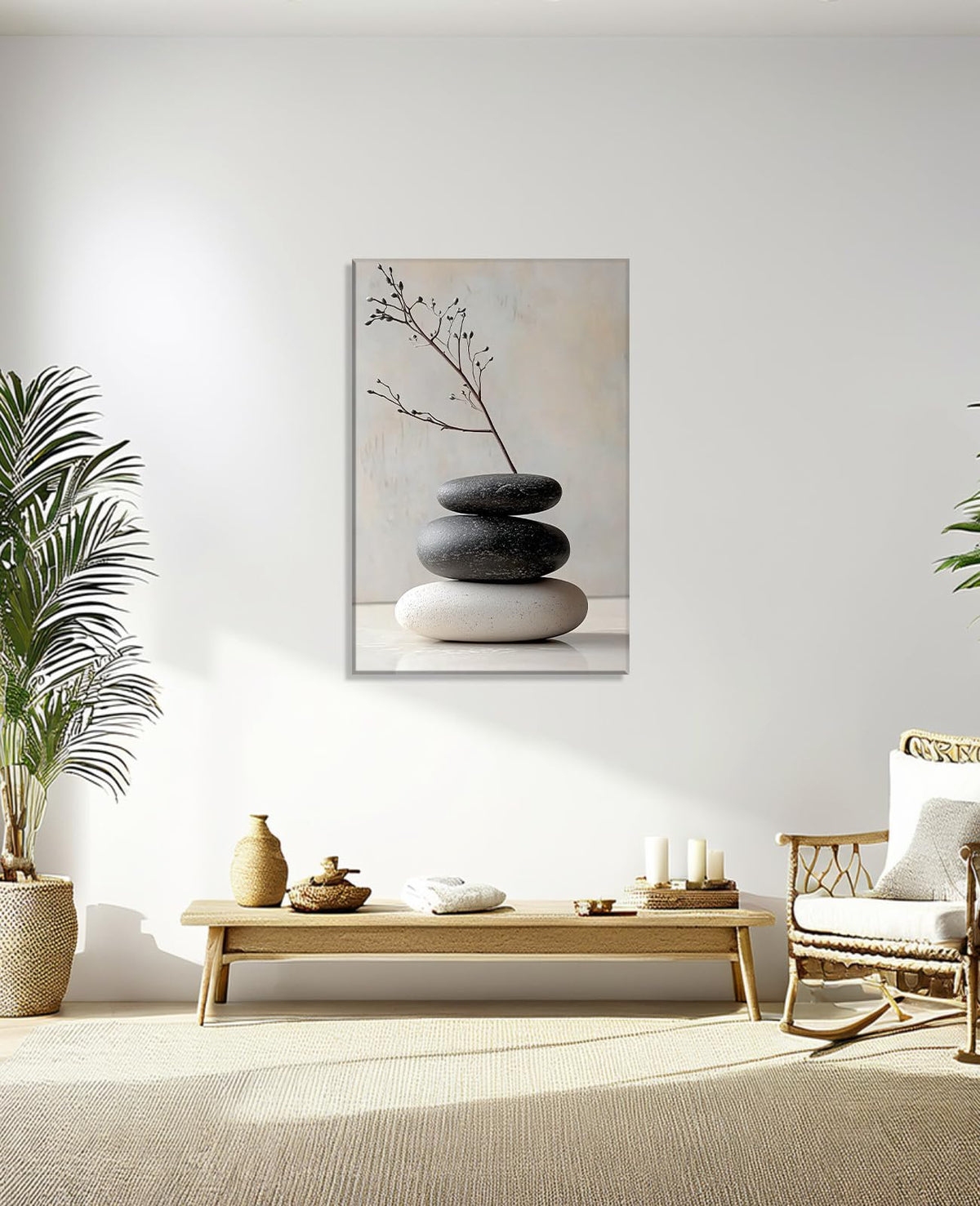Zen Canvas Wall Art Spa Stones Picture Wall Decor Framed Meditation & Calm Painting Minimalist Prints Spiritual Room Living Room Bathroom Ready to Hang (36"L x 24"W / C - Beige)