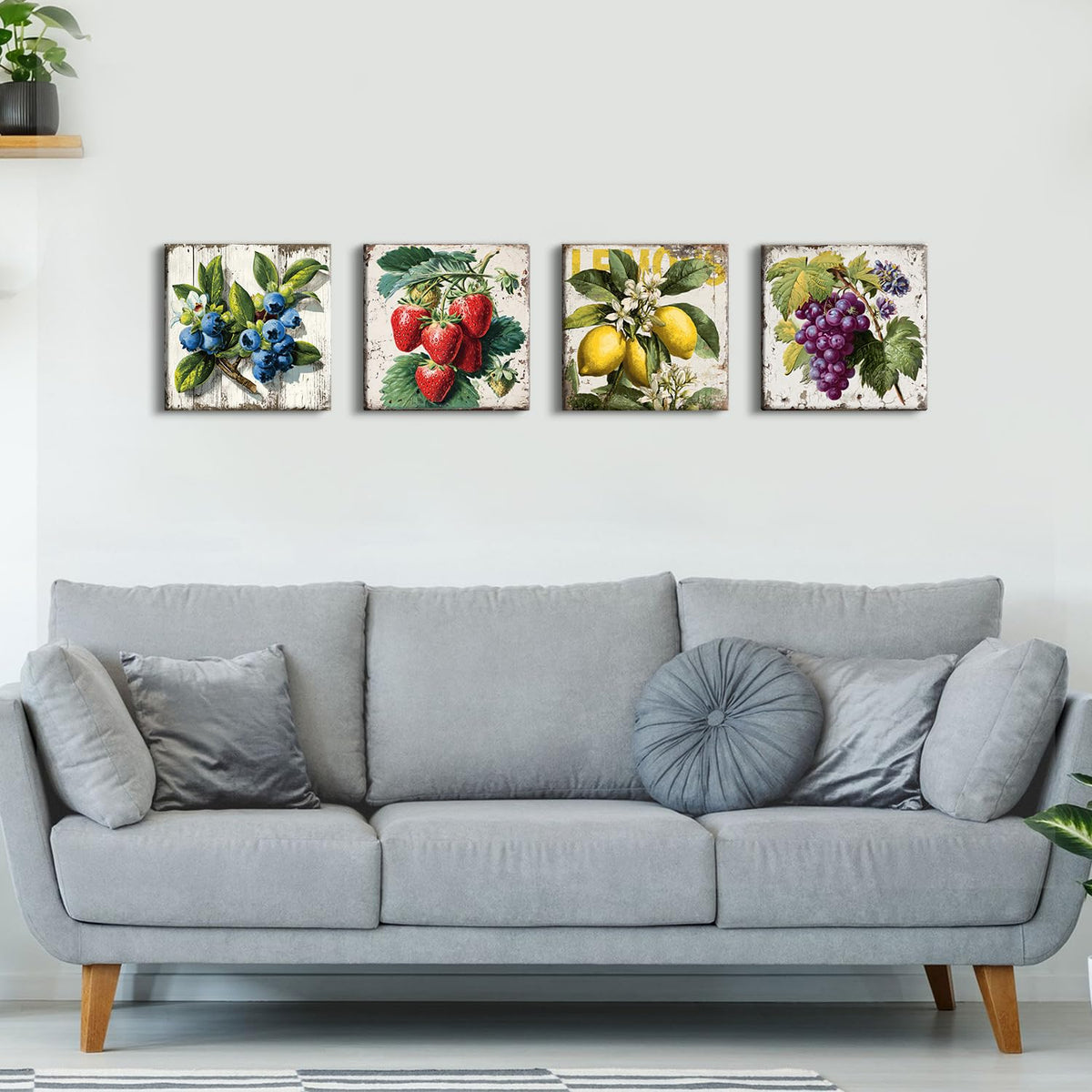 Vintage Fruit Wall Art for Kitchen Wall Decor Farmhouse Dining Room Pictures Rustic Lemon Strawberry Canvas Paintings Colorful Fruits Theme Prints Blueberry Grape Poster Artwork Decorations 12x12” 4P (12"L x 12"W / Fruit02)
