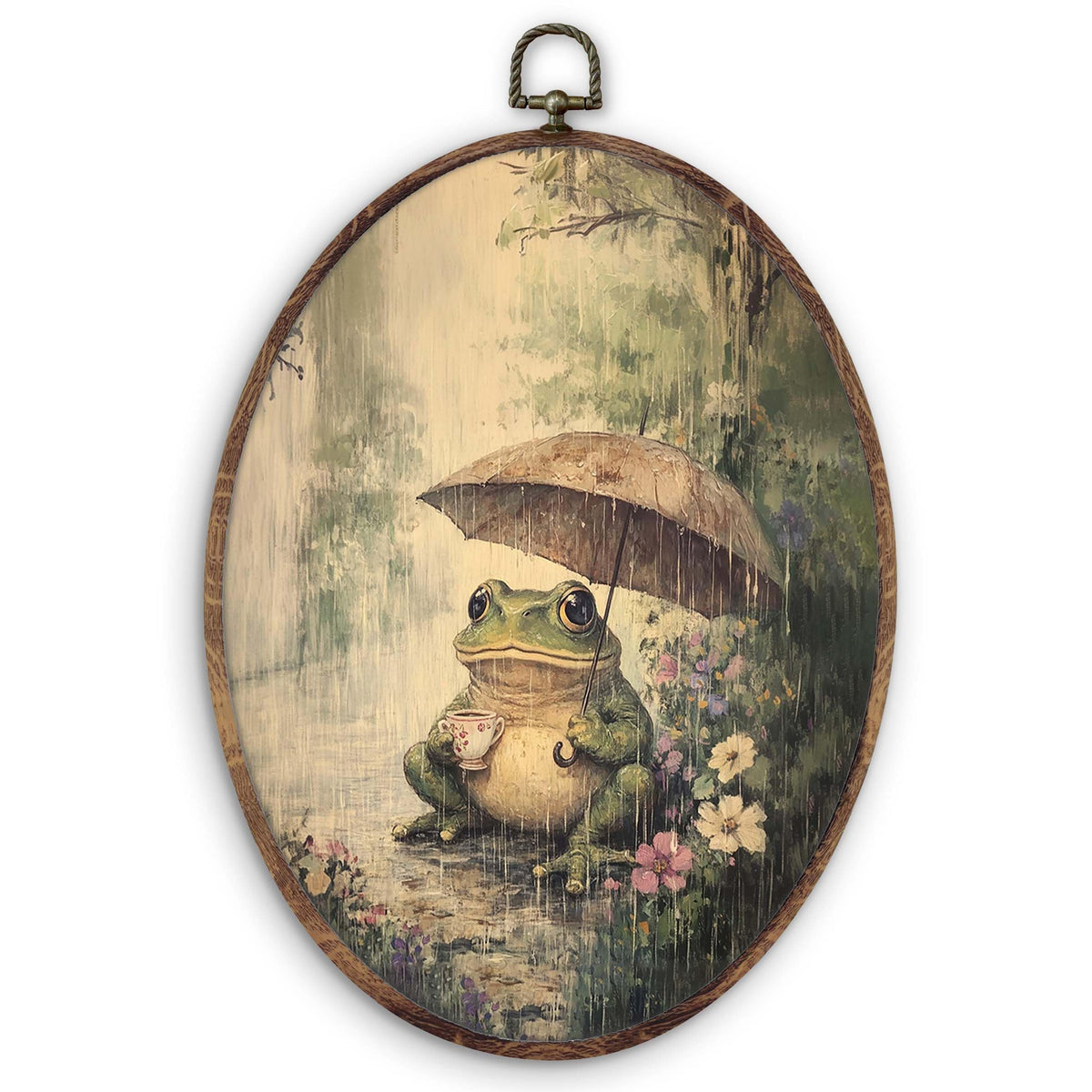 Vintage Rustic Frog Floral Oval Wall Art Decor (frog-3)