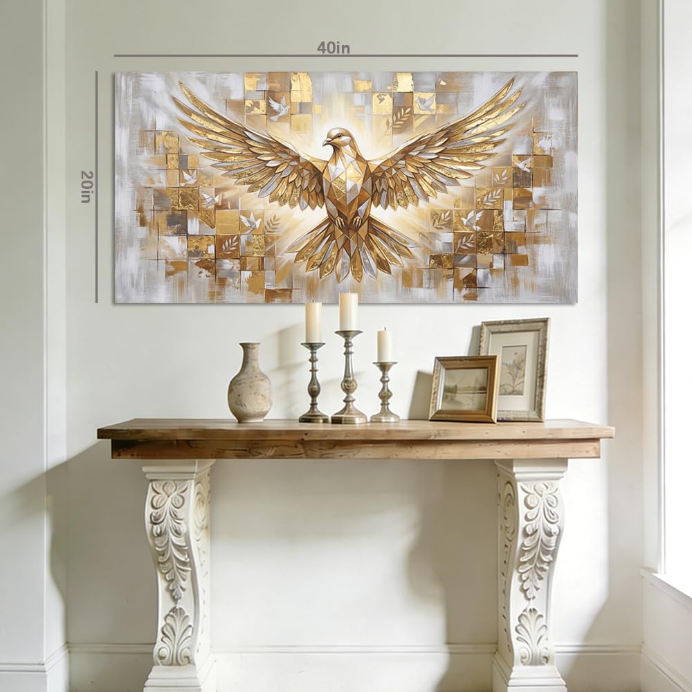 Christian Canvas Wall Art Golden Dove of Peace Holy Spirit Painting Gold Foil Flat Print Gallery Wrapped Religious Artwork for Living Room Bedroom Bathroom Decor (Wildlife / White Dove of Peace 25 / 58"L x 28"W)