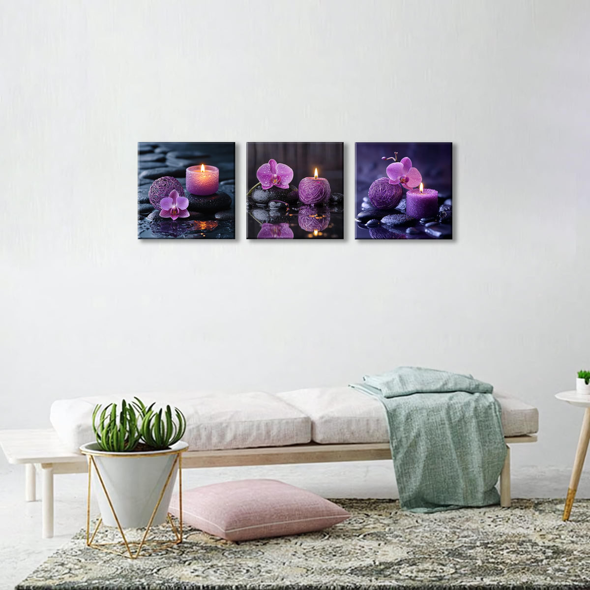 3PCS Zen Canvas Wall Art Purple Orchid Spa Decor Aromatherapy Candle Black Stone Prints Modern Meditation Room Decor Bathroom Yoga Studio Wall Pictures Relaxing Home Artwork Ready to Hang (16X16inchX3pcs / Serenity in Purple)