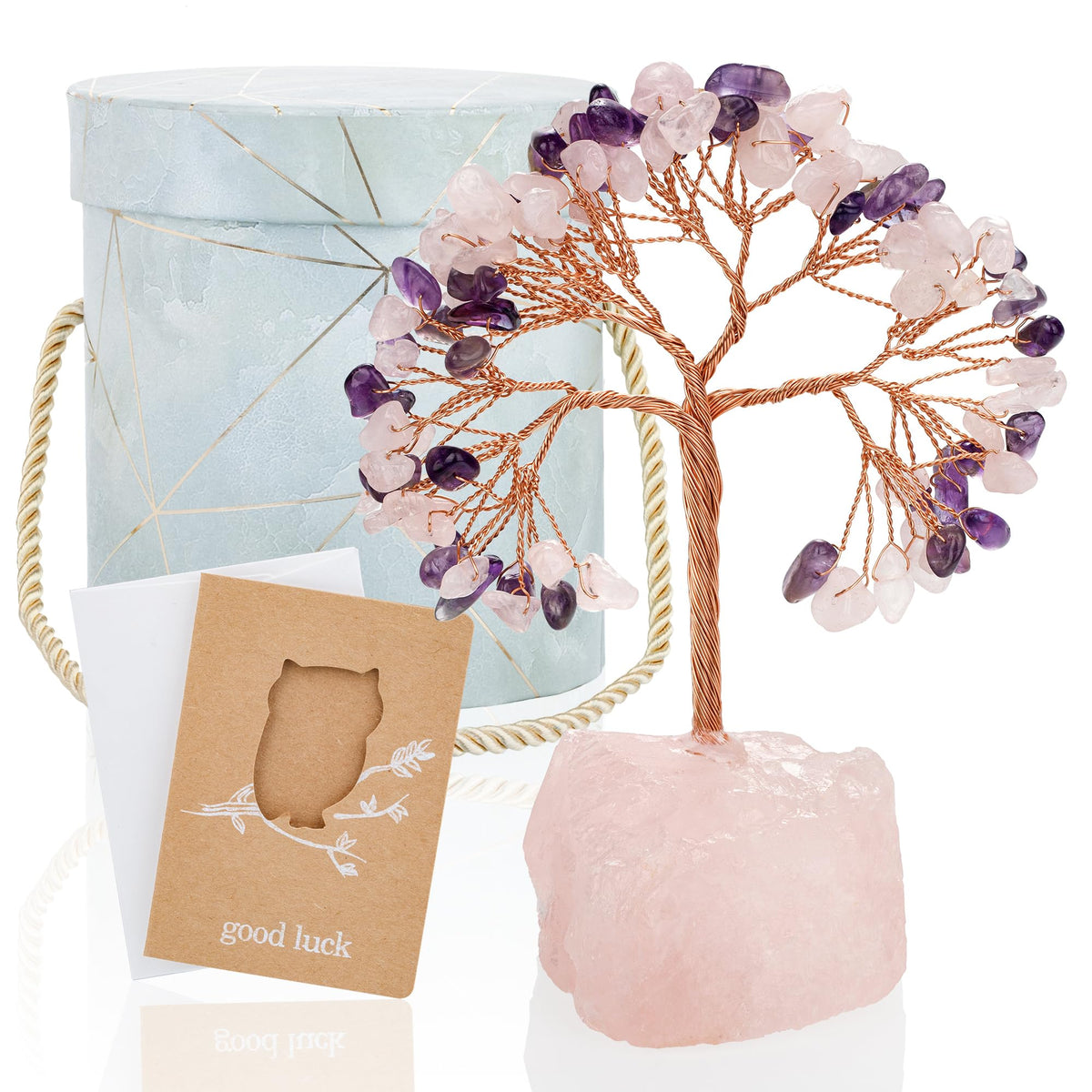 7 Chakra Healing Crystals Stones Tree of Life (Rose Quartz& Amethyst_stone Pedestal)