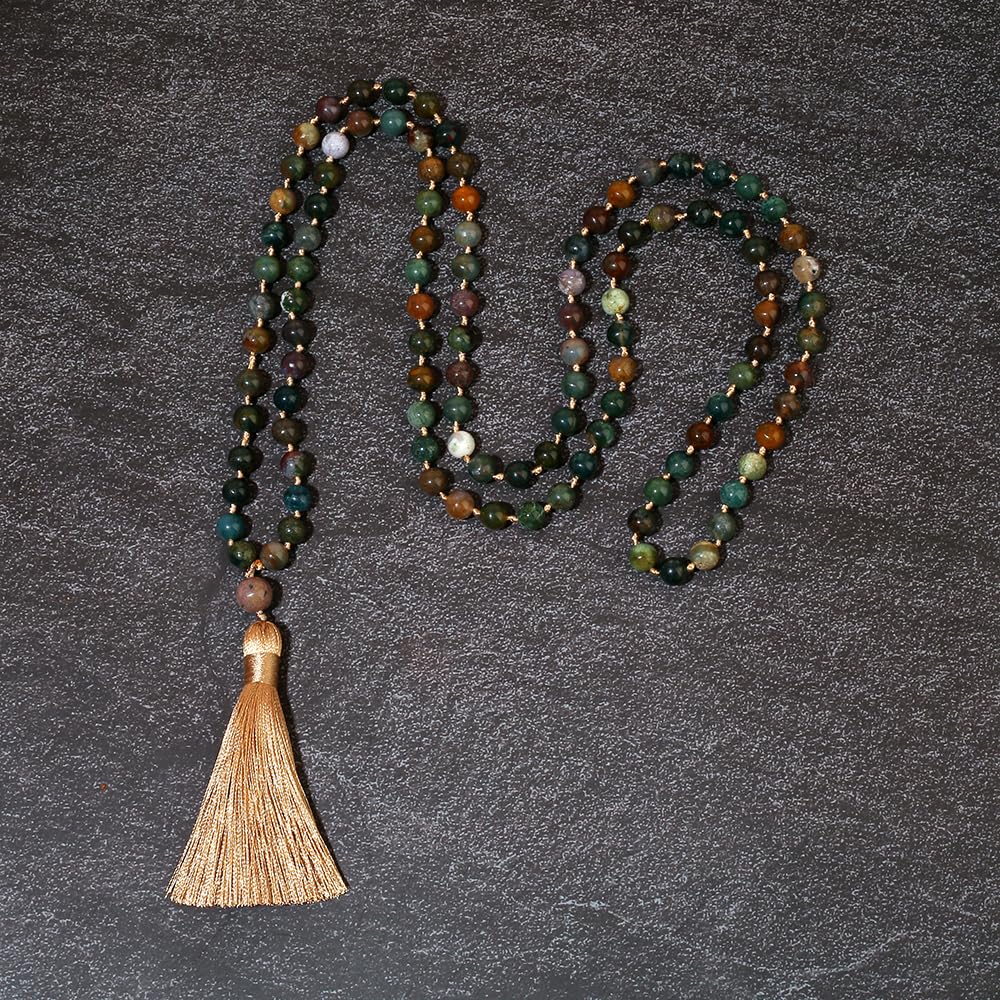 8mm Natural Stone Beads Knot 108 Mala Necklace Meditation Prayer Jewelry for Men and Women (Green Agate)