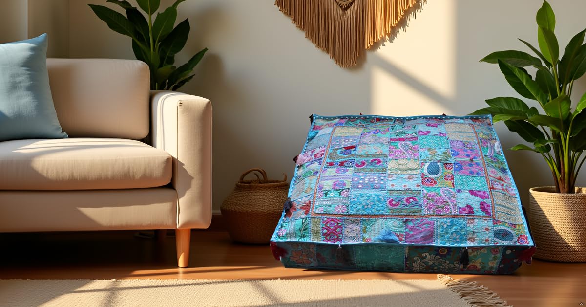Indian Square Patchwork Traditional Pouf Cover Indian Living Room Poufs Decorative Embroidered Designer Ottoman Home Living Footstool Chair Cover Decor Pillow Cover 35 inches (35"D x 35"W x 5"H / Sky Blue)