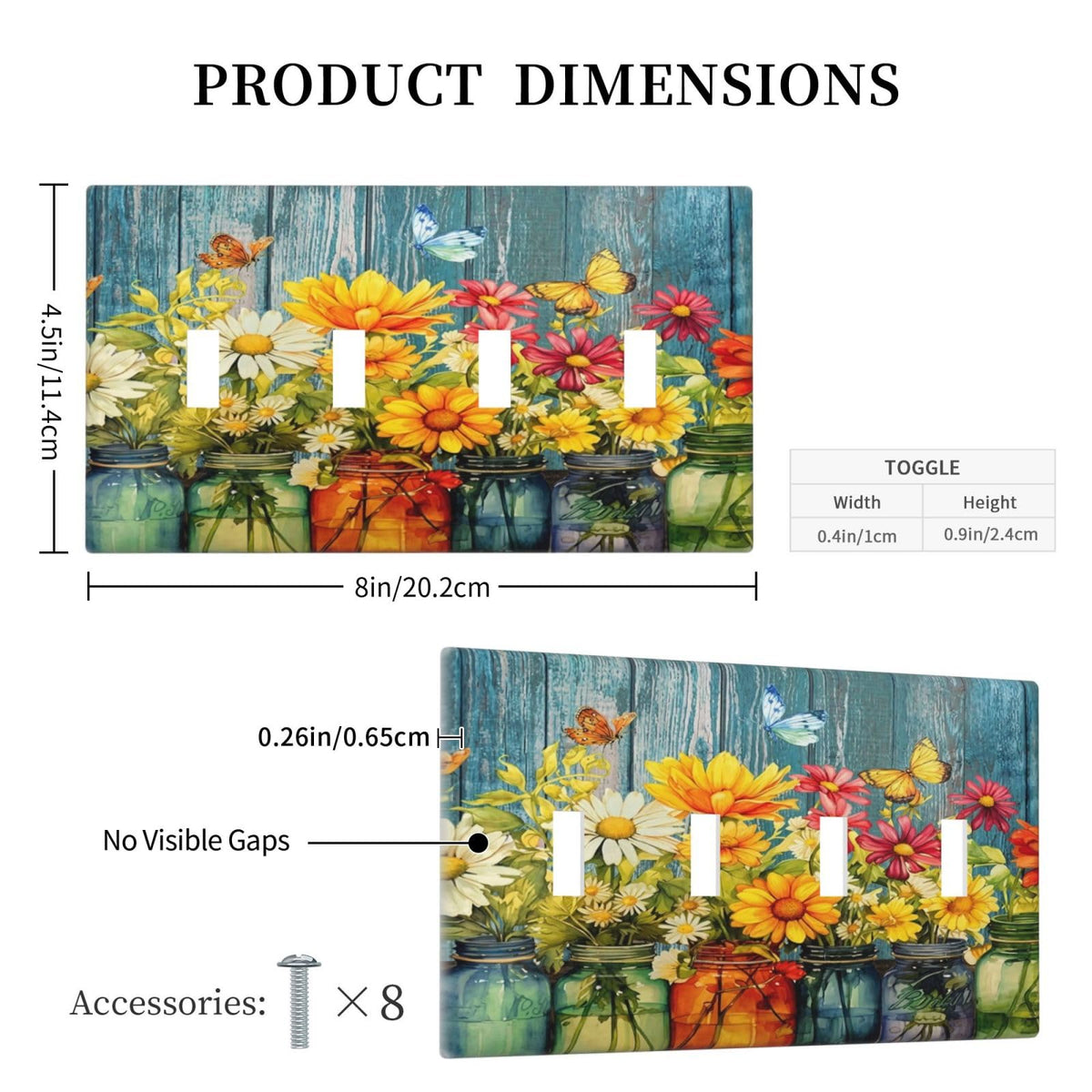 Country Rustic Daisy Flower Butterfly Decorative 4 Gang Quad Toggle Light Switch Cover Plate Decorative Electric Quadruple Device Faceplate Switchplate Screwless (Country Rustic Daisy Flower Butterfly / 4 Gang Quad Toggle)