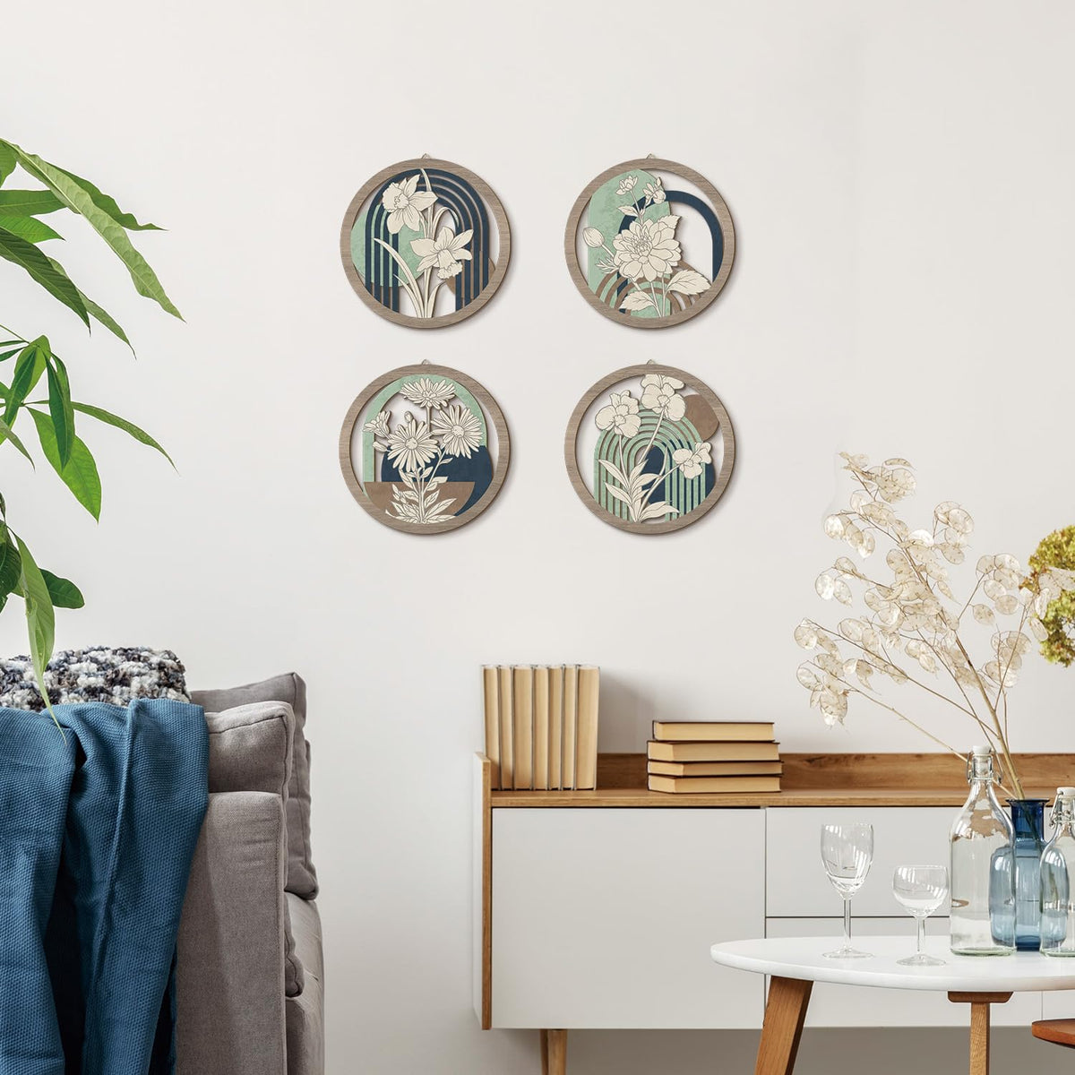 Minimalist Botanical Wooden Wall Art Geometric Boho Flower Wall Decor (4pcs Abstract Arch Floral Wooden Wall Art)