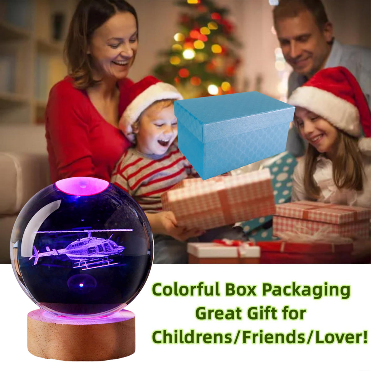 Large Helicopter Crystal Ball Night Light with Woodern Base (helicopter)
