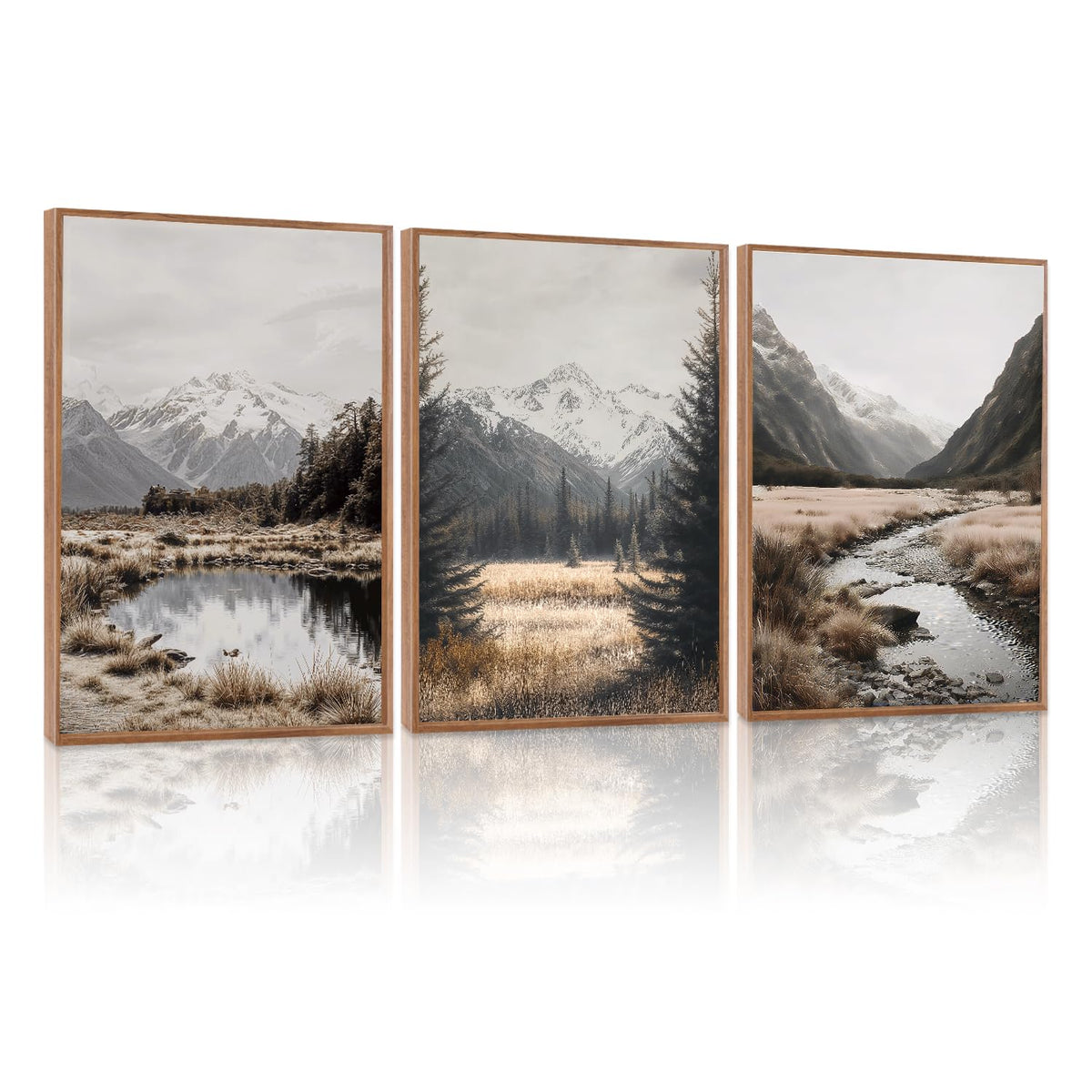 White Snow Mountain framed decor Misty Forest Framed Canvas Wall Art set of 3 (Snow)