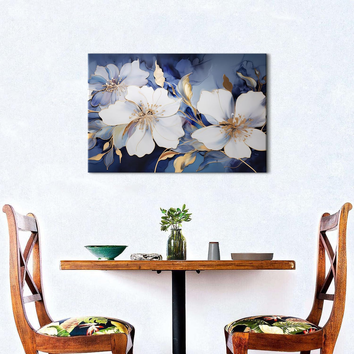 Abstract Flower Canvas Wall Art Blue and Gold Wall Decor Modern Marble Floral Picture Canvas Prints for Living Room Bedroom Watercolor Botanical Poster Painting Artwork Framed Home Decorations 16x24 (24"L x 16"W / Abstract Flower)