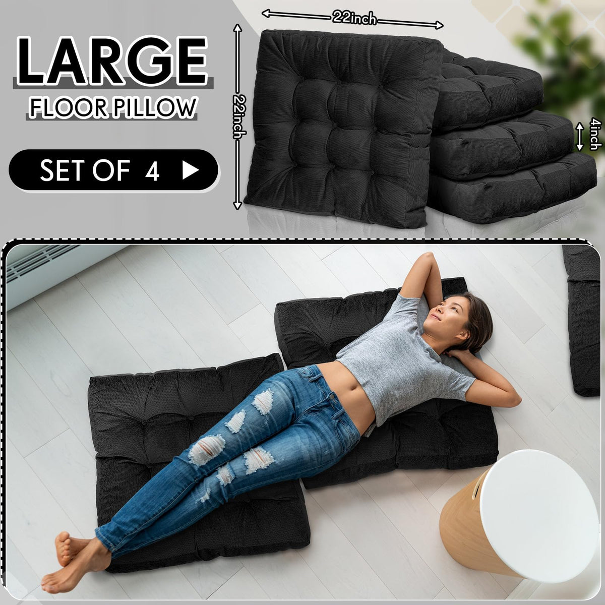 4 Pcs Black Large Floor Pillow Cushion (Square 22 x 22 / Black)
