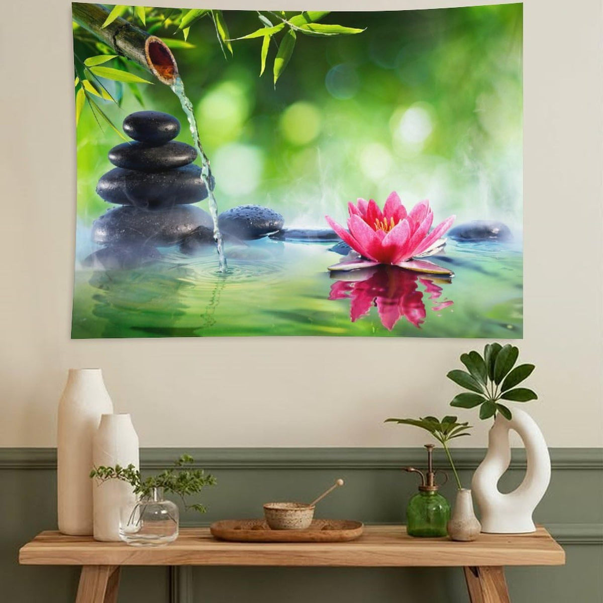 Zen Tapestry Wall Hanging Water Lotus Flower Blossom Stone Bamboo Spa Spiritual Meditation Tapestries Home Decor for Living Room Bedroom Farmhouse Apartment Dorm 40"x60" (40"L x 60"W / Zen-19)