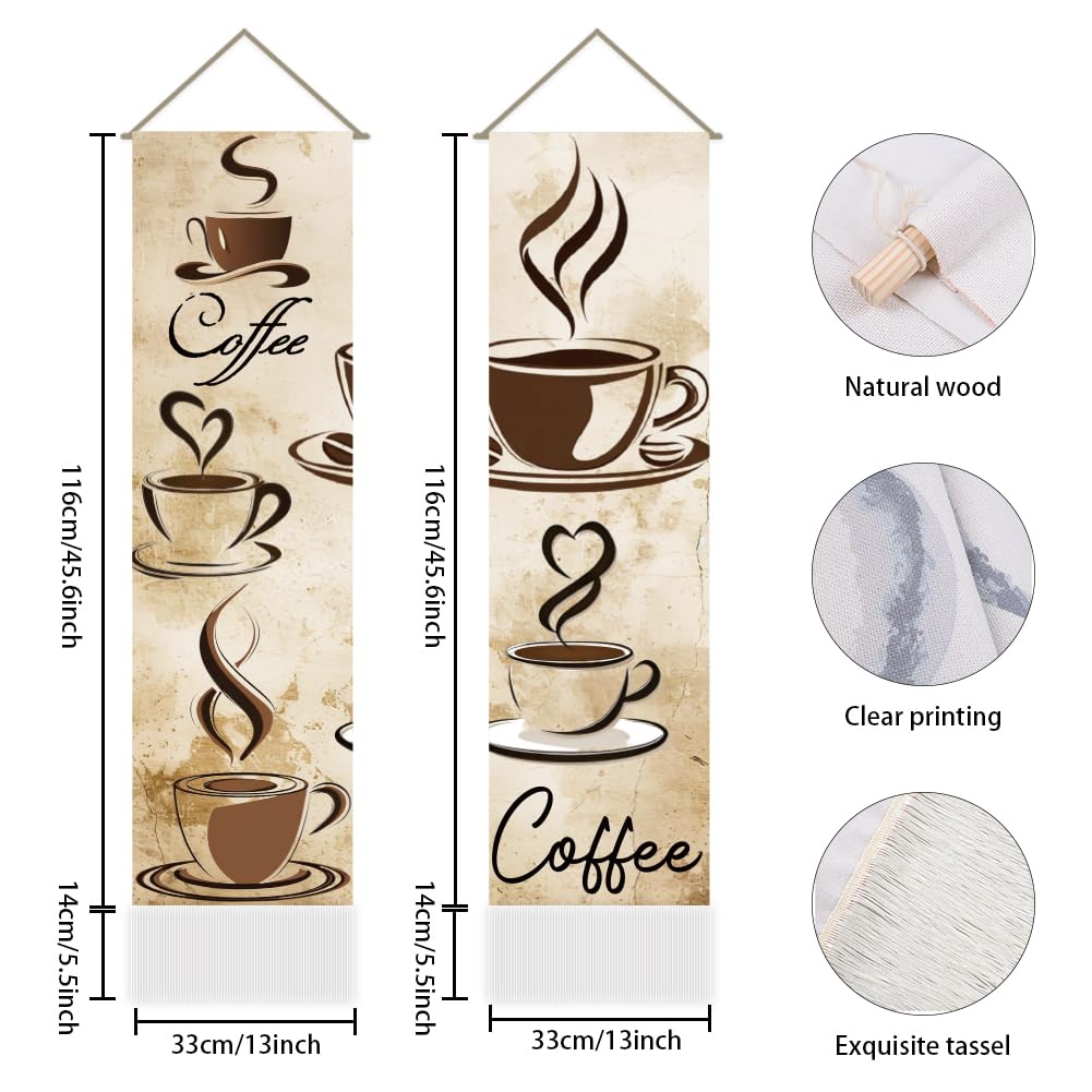 2Pcs Coffee Tapestry Coffee Line Drawing Wall Hanging Tapestries (Beige-coffee)