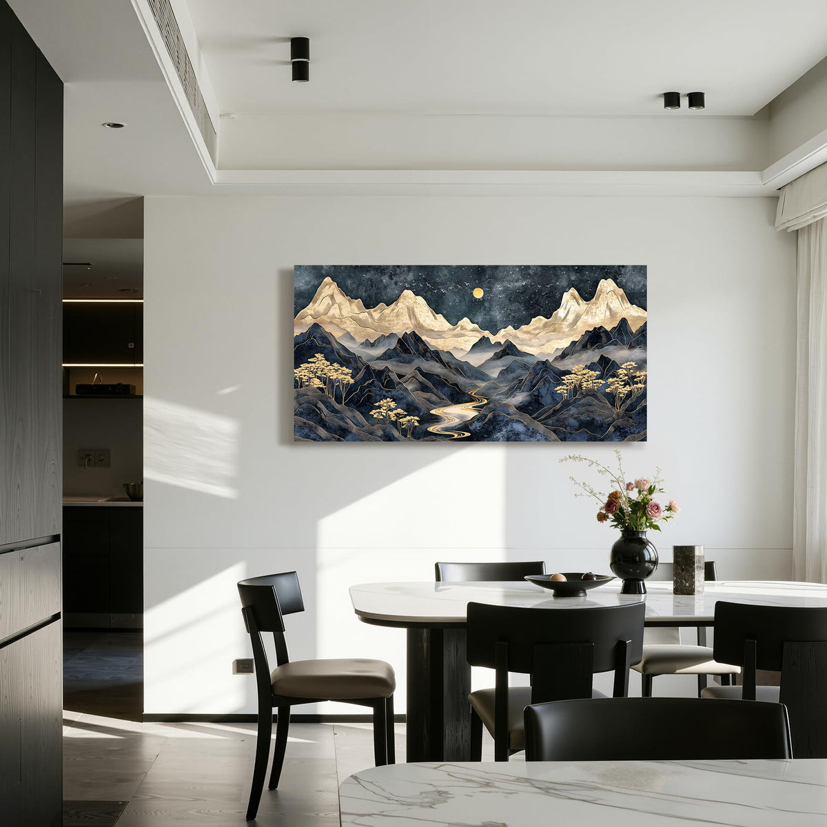 Modern Mountain Large Wall Art for Living Room Luxury Black Gold (Indigo Golden Mountain / 48"L x 24"W)