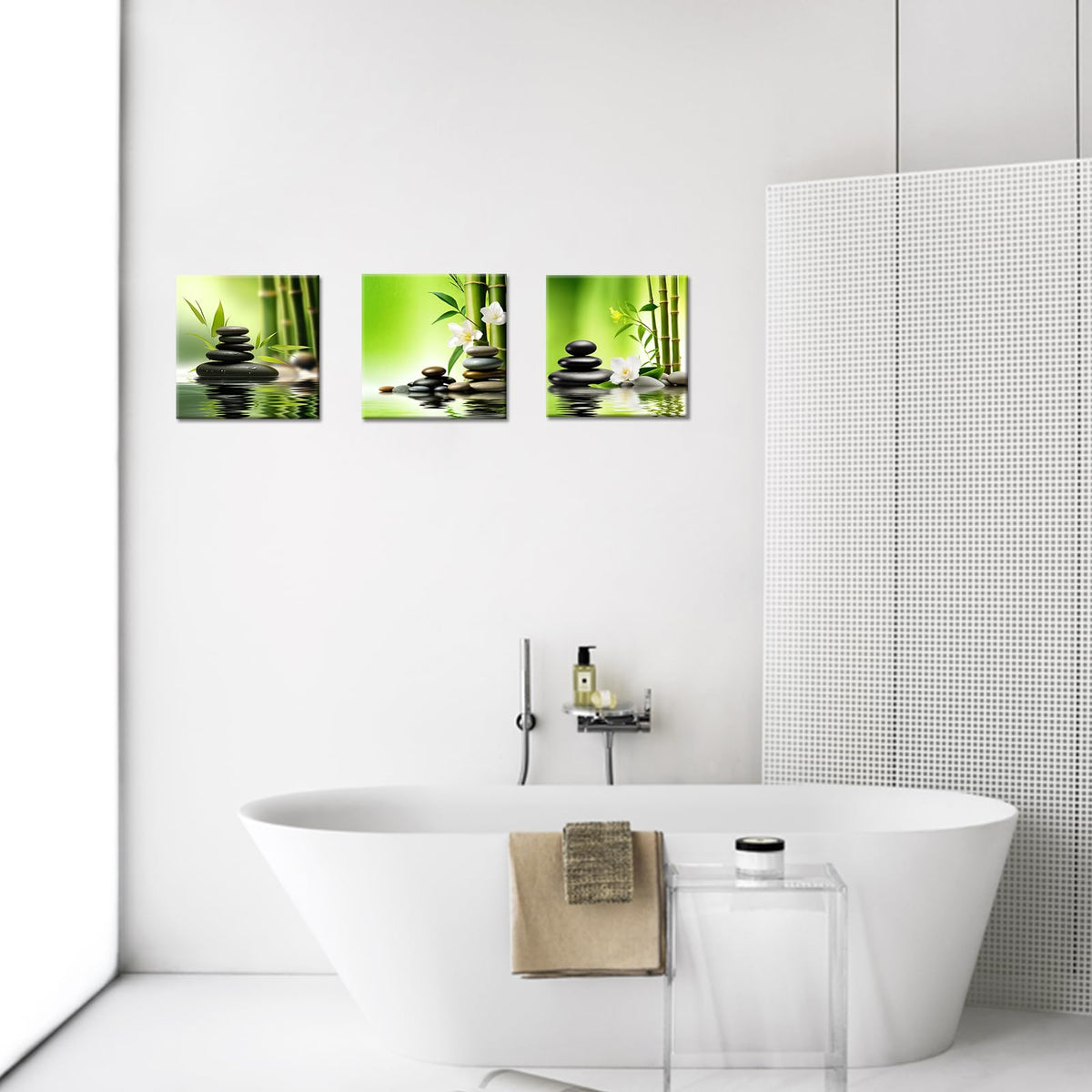 3 Panel Zen Wall Art Still Life SPA Stone Green Bamboo White Flower Pictures Meditation Yoga Wall Decor Natural Green Plant Canvas Artwork for Bedroom Bathroom Decor (Zen 01 / 20"L x 20"W)