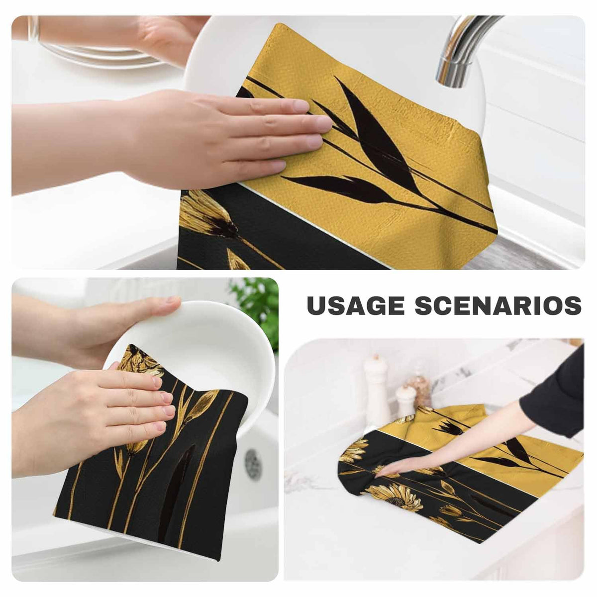 Flower Kitchen Towels Set of 2 Modern Abstract Gray Gold Sunflower Dish Towels Absorbent Soft Hand Tea Bar Towels for Farmhouse Home Decor 16"X24" (Flower)