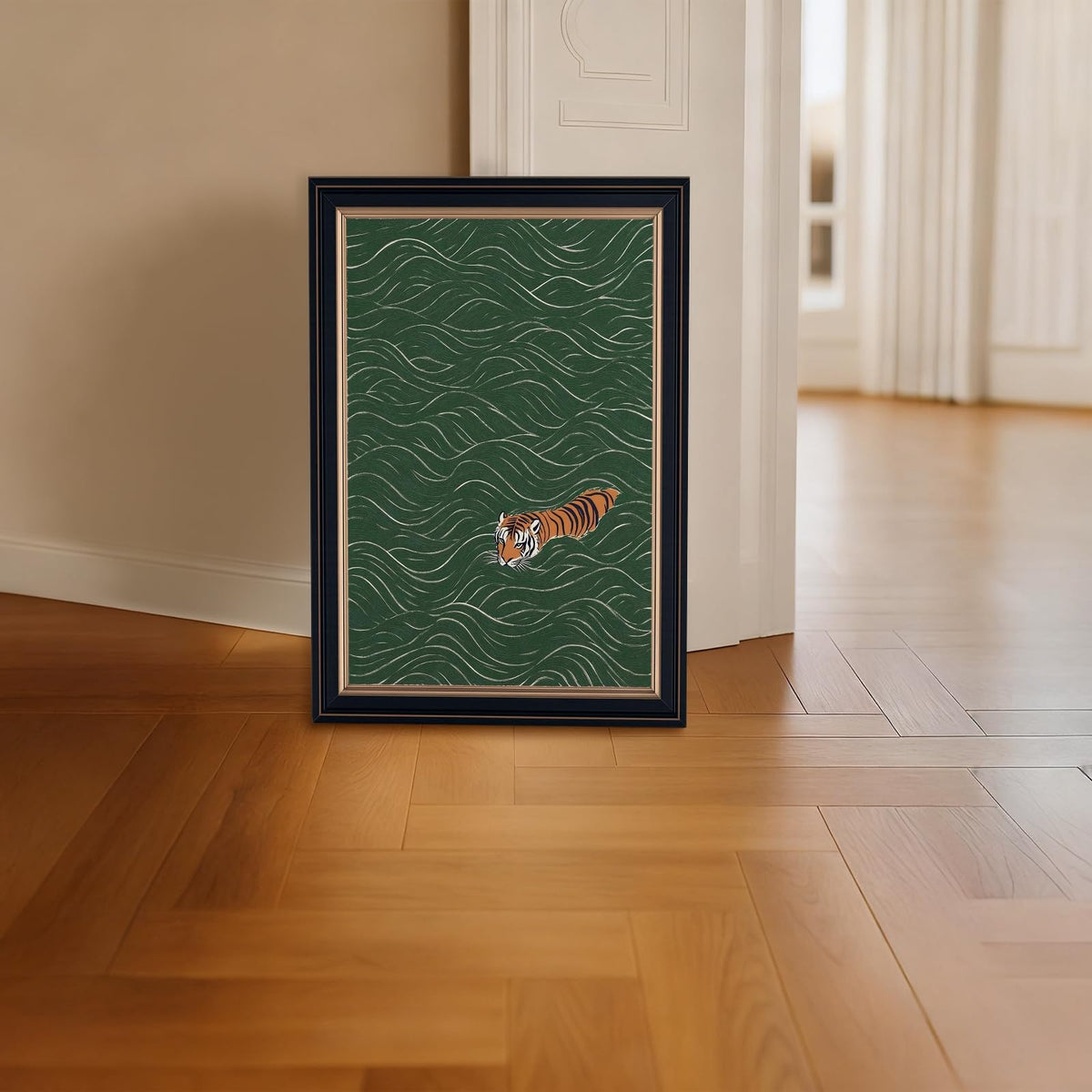 Framed Japanese Tiger Swimming Wall Art Ukiyo (16"L x 24"W / Style-3 Retro Black Frame)