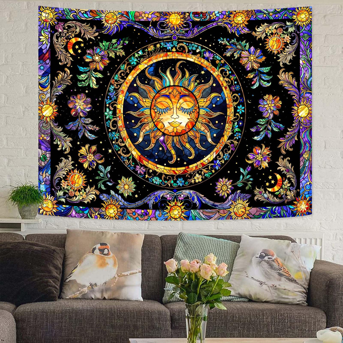 Sun Tapestry Stained Glass Tapestry Wall Decor Tapestries for Bedroom Boho Tapestries Wall Hanging for Bedroom Living Room Glass (Yellow Black / 60"L x 44"W)
