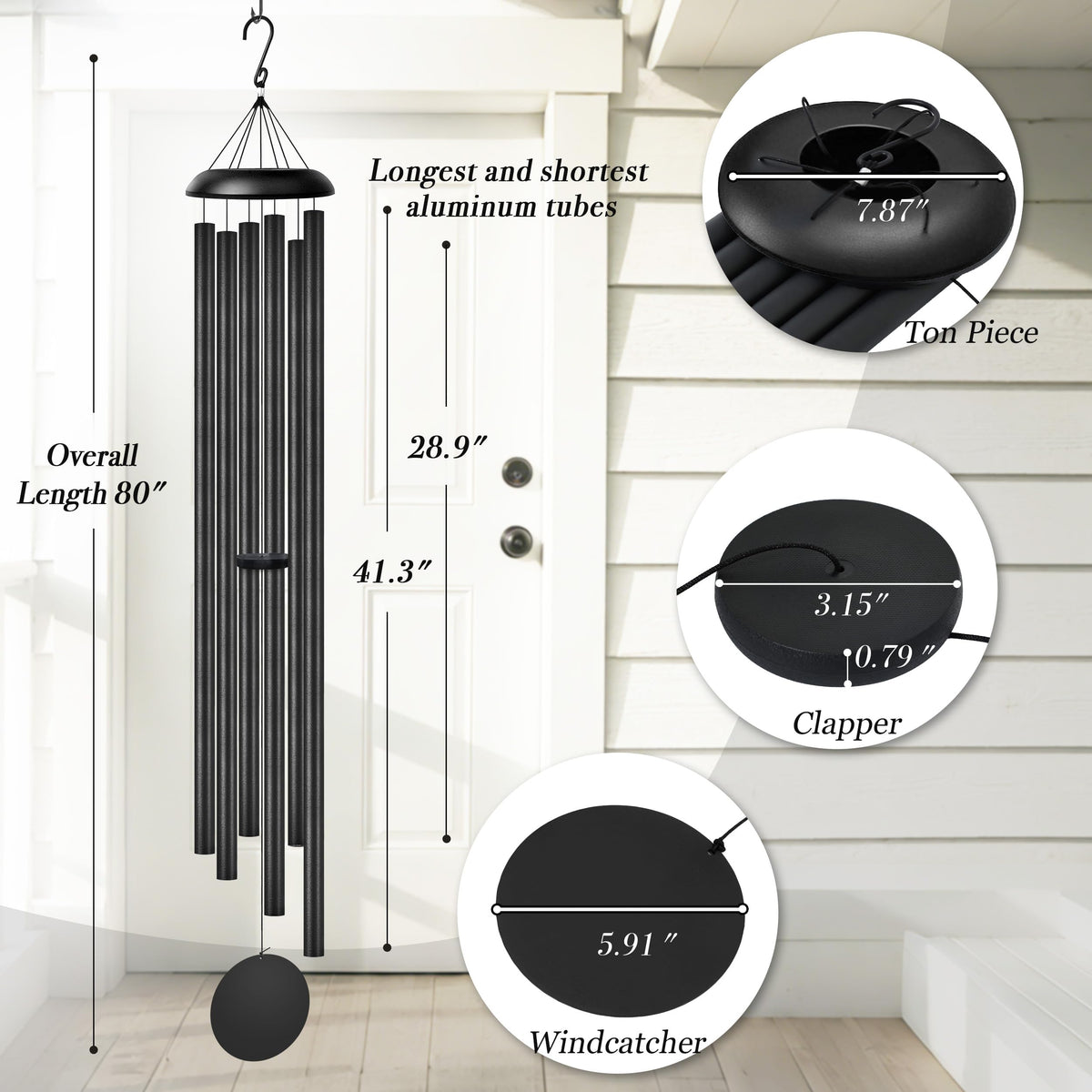 80" Extra Large Wind Chimes for Outside Deep Tone Wind Chimes Garden Decor (Black Thick / 80")