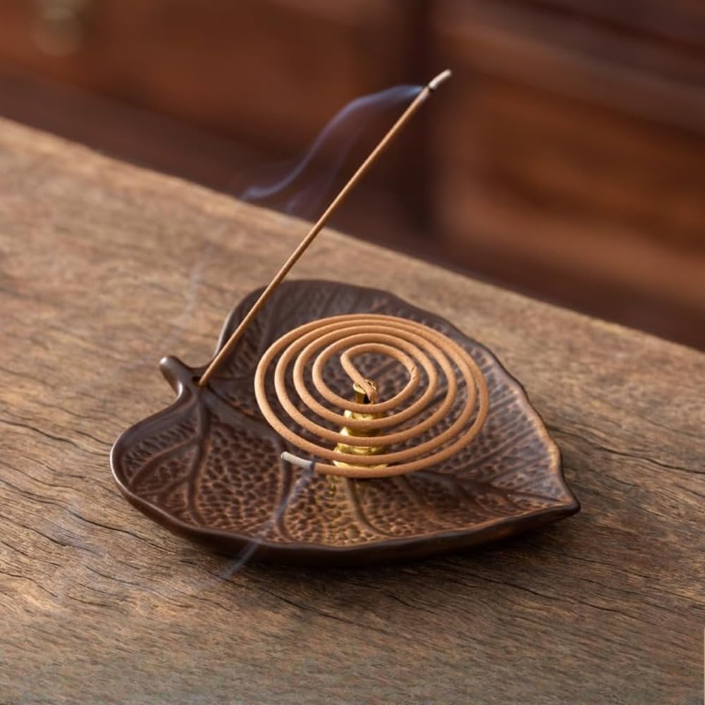 Handmade Ceramic Incense Burner Holder (Ancient-style - Bodhi Leaves)