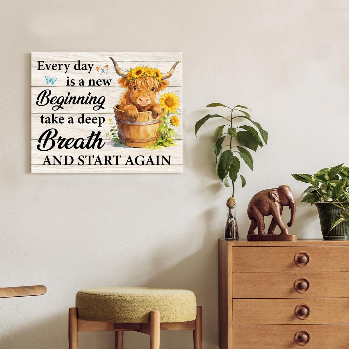 Highland Cow Motivational Canvas Wall Art Highland Cow Sunflower Picture (Highland Cow Motivational)
