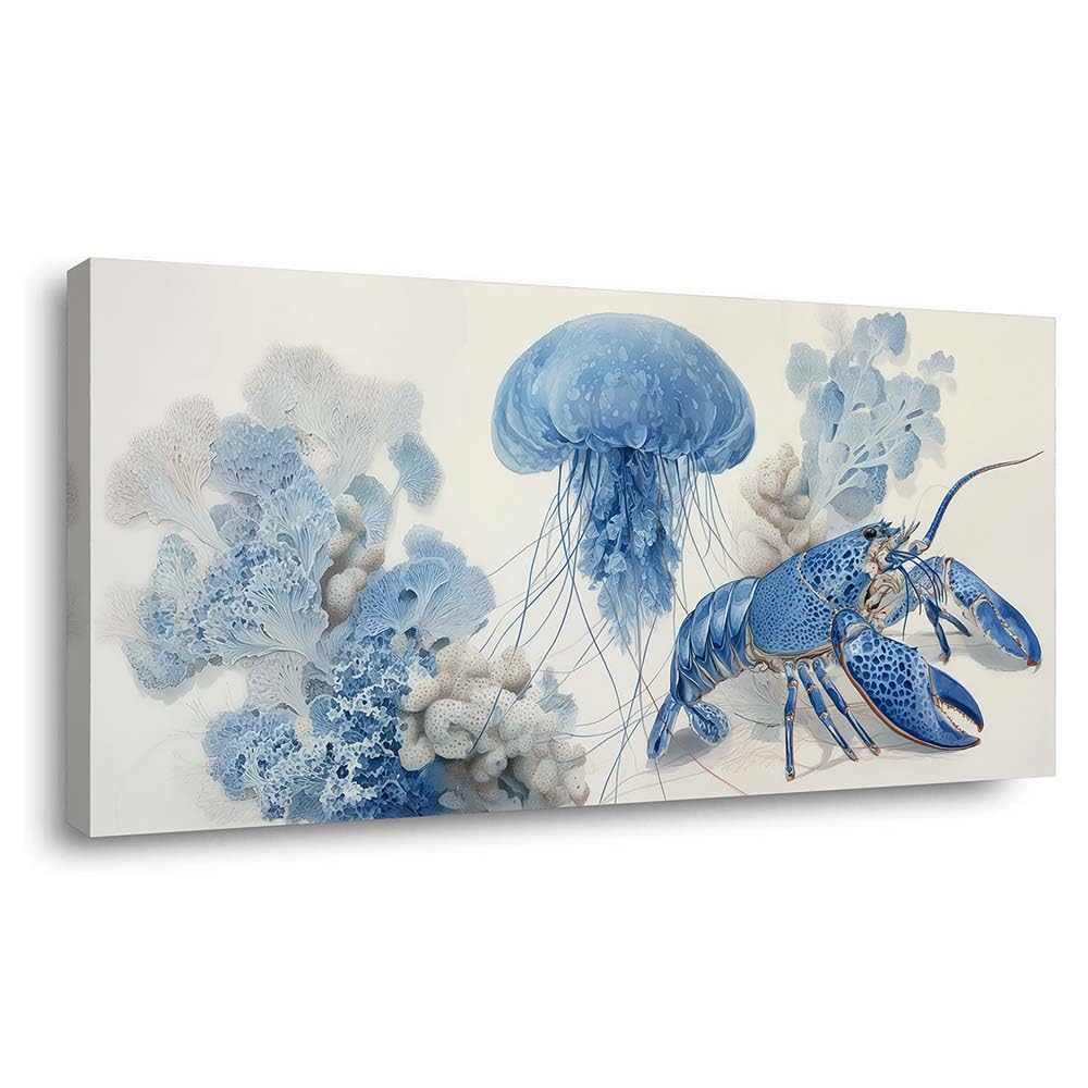 Blue Ocean Animal Canvas Wall Art Lobster Jellyfish Coastal Watercolor Painting Flat Print Gallery Wrapped Artwork for Living Room Bedroom Bathroom Decor (Retro / Blue Lobster and Jellyfish 29 / 46"L x 23"W)