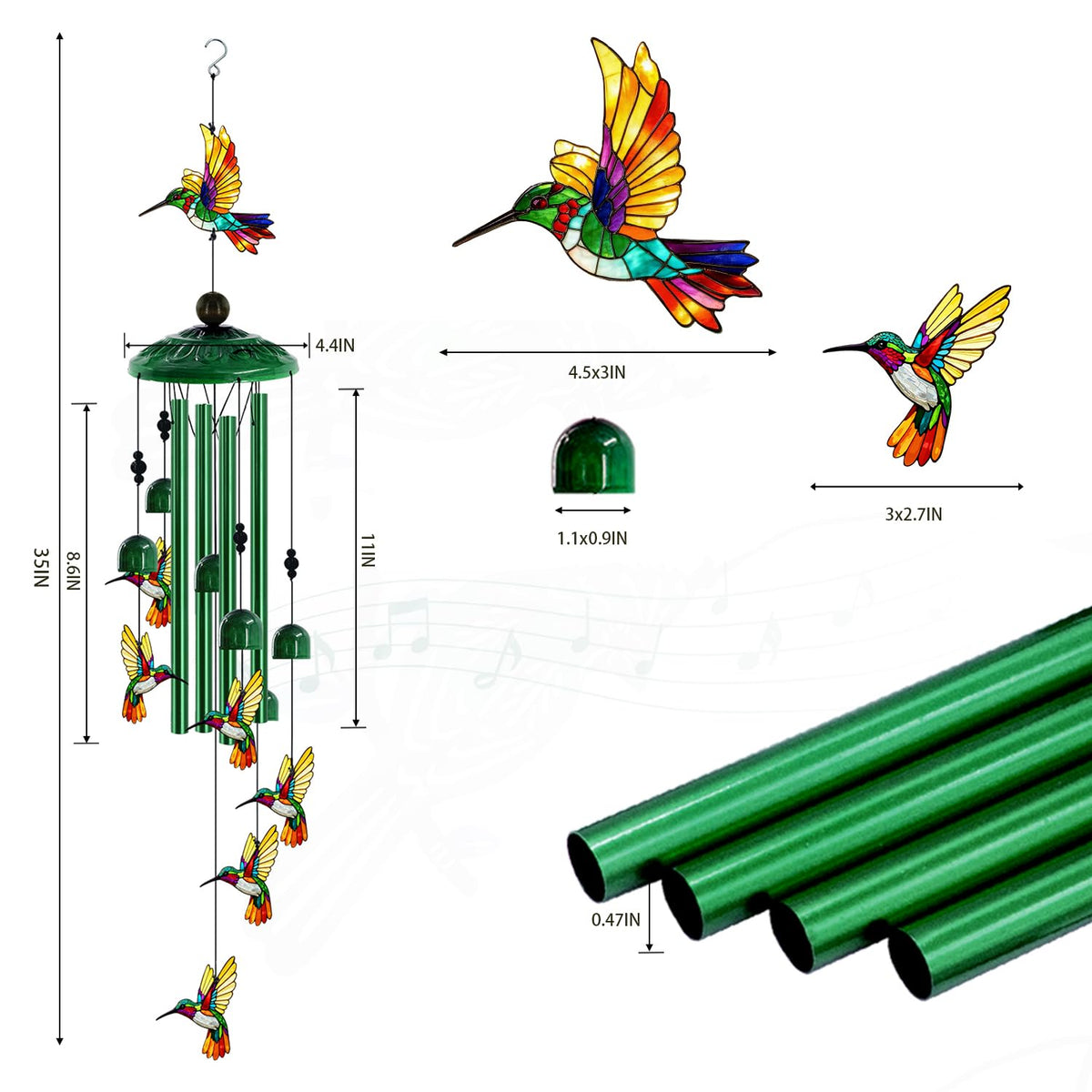 Hummingbird Wind Chimes for Outside (35"Green hummingbird)