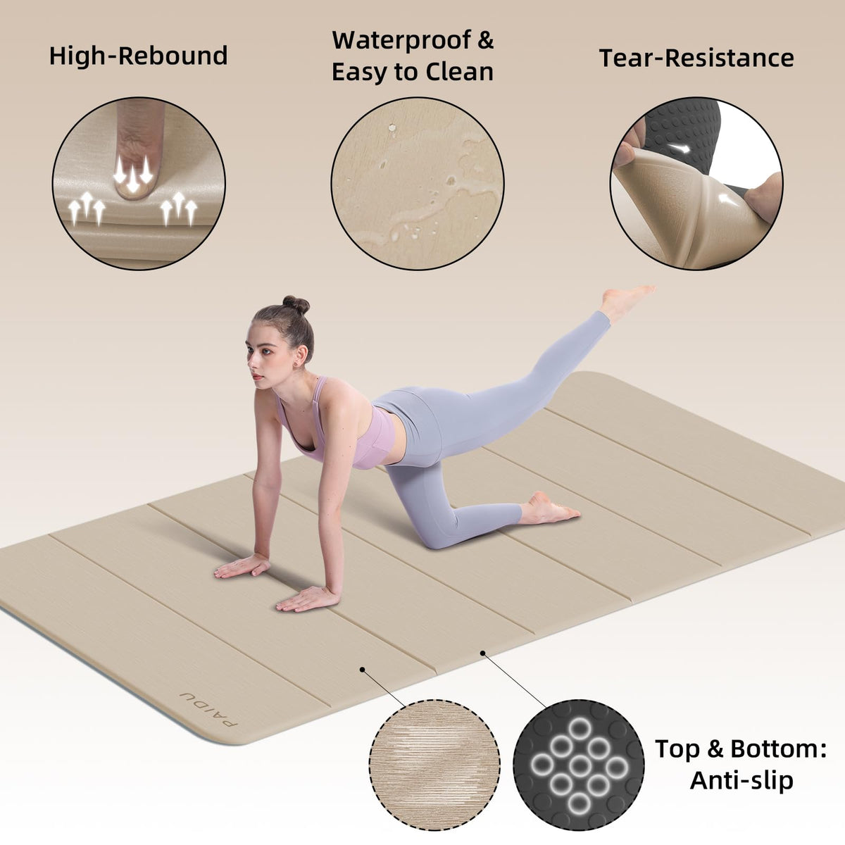 Foldable Yoga Mat 10MM Thick 75‘’x40‘“ Quick Fold Easy Storage (Beige+Black)
