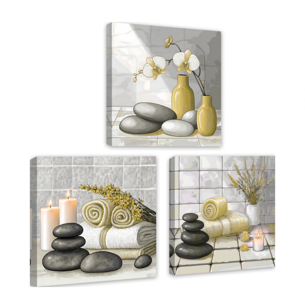 3 Piece Canvas Wall Art Zen Spa Themed Bathroom Wall Decor Zen Stones Painting with Candles Towels Lavender Orchids Prints Home Office Decor Framed (Yellow / 12"x12"x3 Pieces)